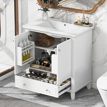 30" Bathroom Vanity with Sink Combo, Multi-Functional Bathroom Cabinet with Doors and Drawer, Solid Frame and MDF Board, White