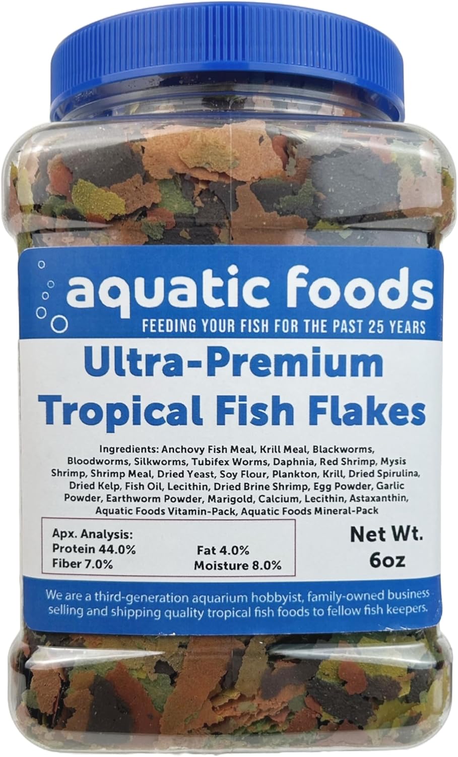 Aquatic Foods Inc. Ultra-Premium 8-Type Special Blend of Tropical Fish Flakes for Discus, Cichlids, Angel Fish, Guppies. Tetras, All Tropicals. AF Flakes…1-lb 2oz Lg Jar