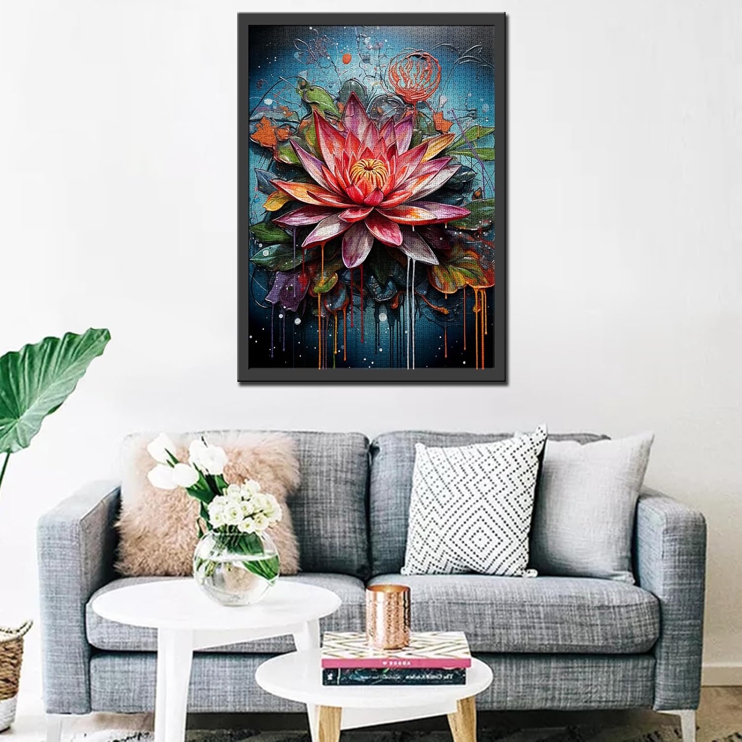 Lotus Flower Jigsaw Puzzles 1000 Pieces for Adults, Families (Water Lily,Tropical Floral,Blossom) Pieces Fit Together Perfectly 19.7''x27.6''inch Graffitic Wildflower Frameable Magic Puzzle Art（Red）