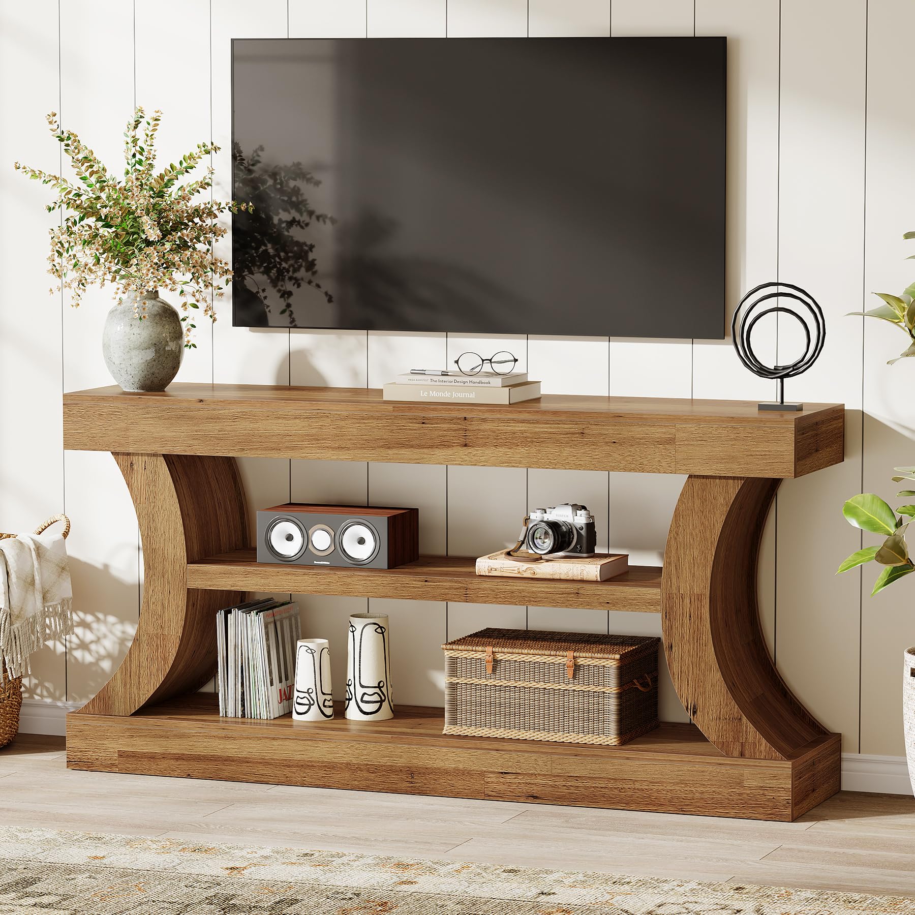 Tribesigns Table console d'entrée de 160 cm avec rangement, console TV avec design incurvé pour salon, chambre à coucher (noyer clair, 30 cm de profondeur x 160 cm de largeur