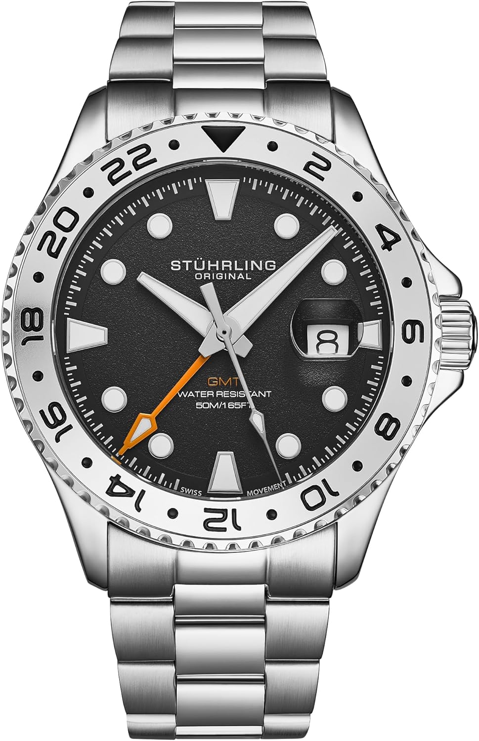 Stuhrling Original Equinox GMT 4077 Men's Quartz GMT Watch – Dual-Time Movement, Bi-Directional Bezel, Stainless Steel Bracelet
