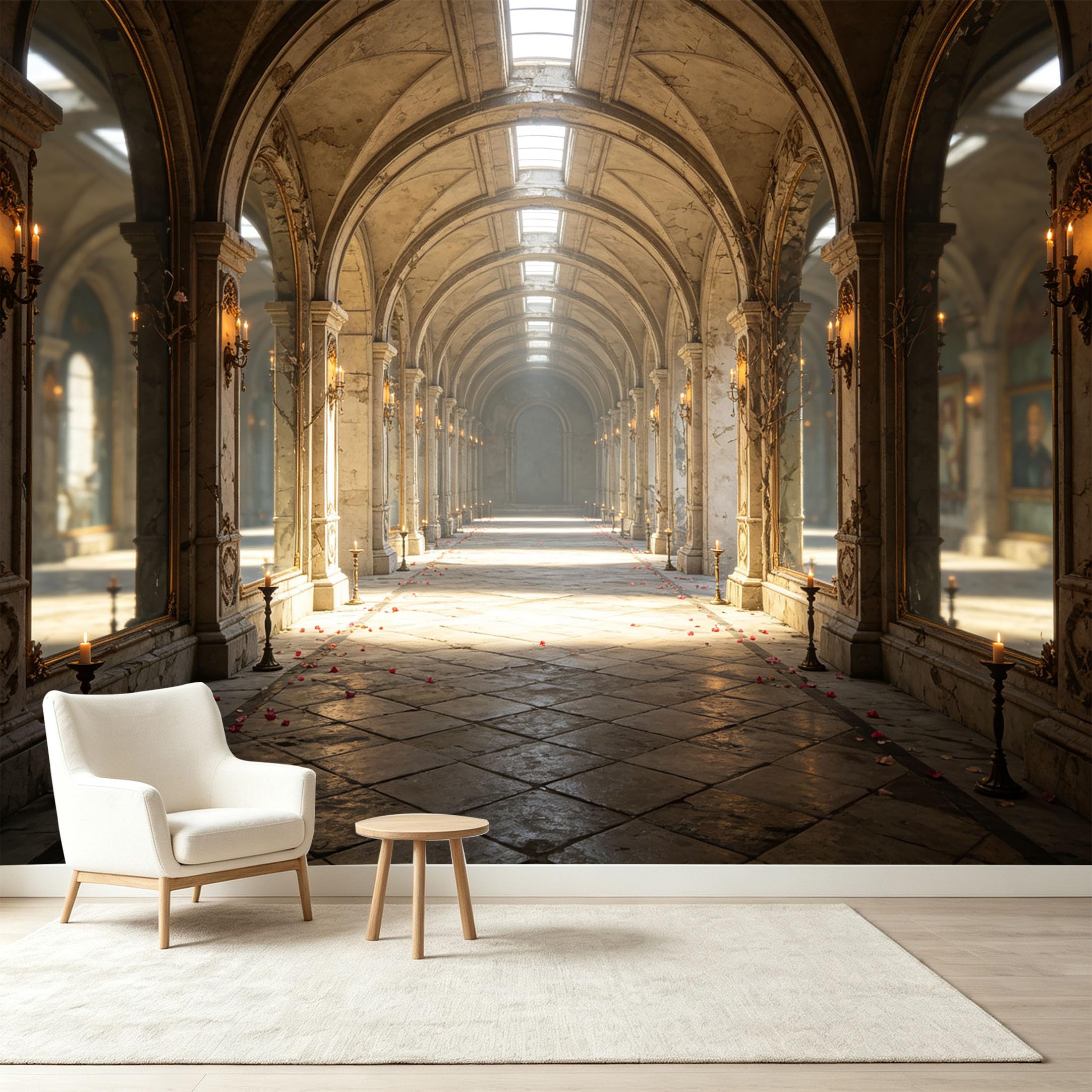 Custom Size Wall Murals Neoclassical Marble Corridor 3D Trompe L'Oeil Archway Pillar Self-Adhesive Wall Fabric Removable Wallpaper Wall Decor for Living Room Bedroom Bathroom