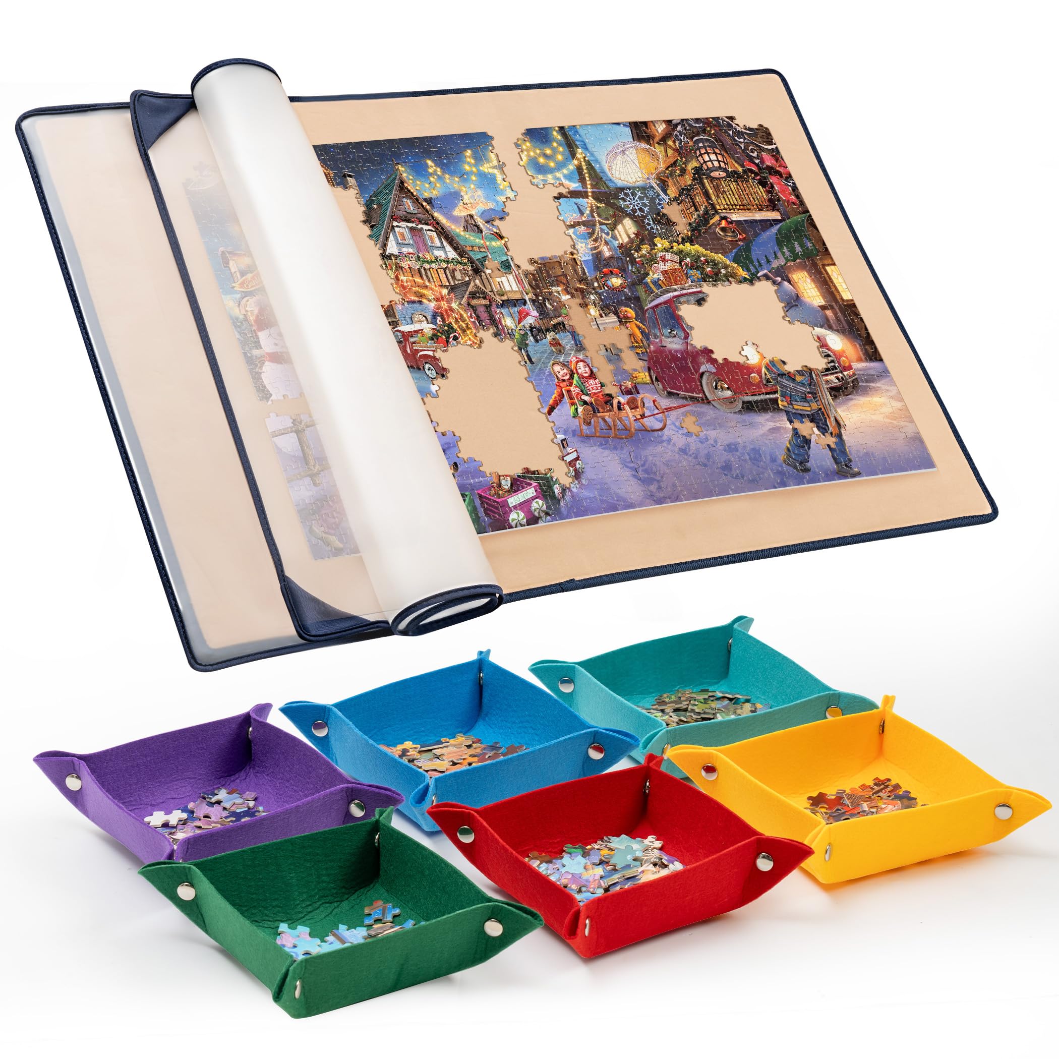 Tektalk Jigsaw Puzzle Board with 6 Color Sorting Trays - Portable Puzzle Mat with Non-Slip Surface, Dustproof Cover for Storage - Up to 1500 Pieces - Khaki