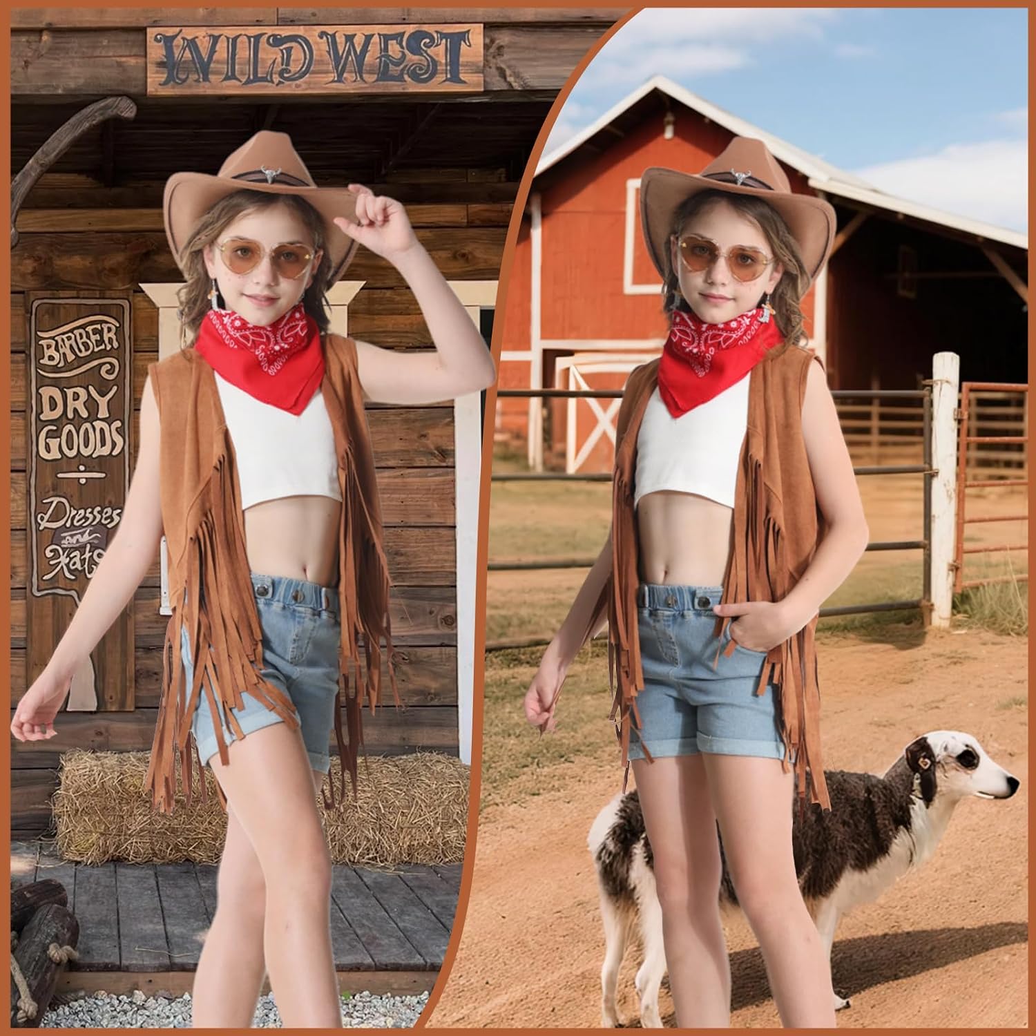 Cowgirl Outfits for Girls Kids 6 Pcs Western Costume Accessories Cowboy Hat Fringe Vest Earring for Halloween Party