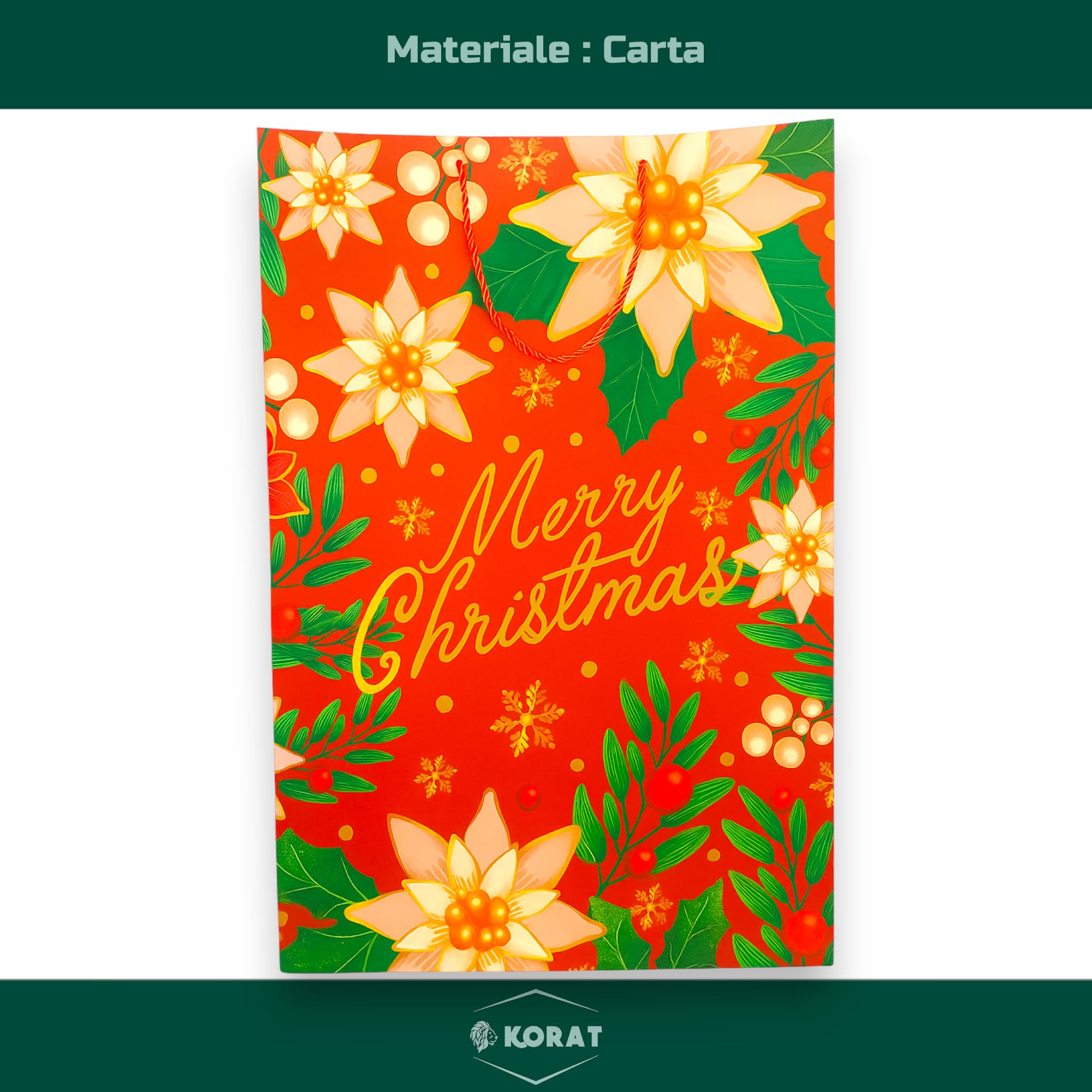 KORAT 12 Buste Regalo Natalizie Carta Plastificata Lucida Vari Formati Sacchetti Regalo Natale Riutilizzabili Manici in Corda per Regali e Bottiglie (Fiore Natalizio - 50x72x16 cm)