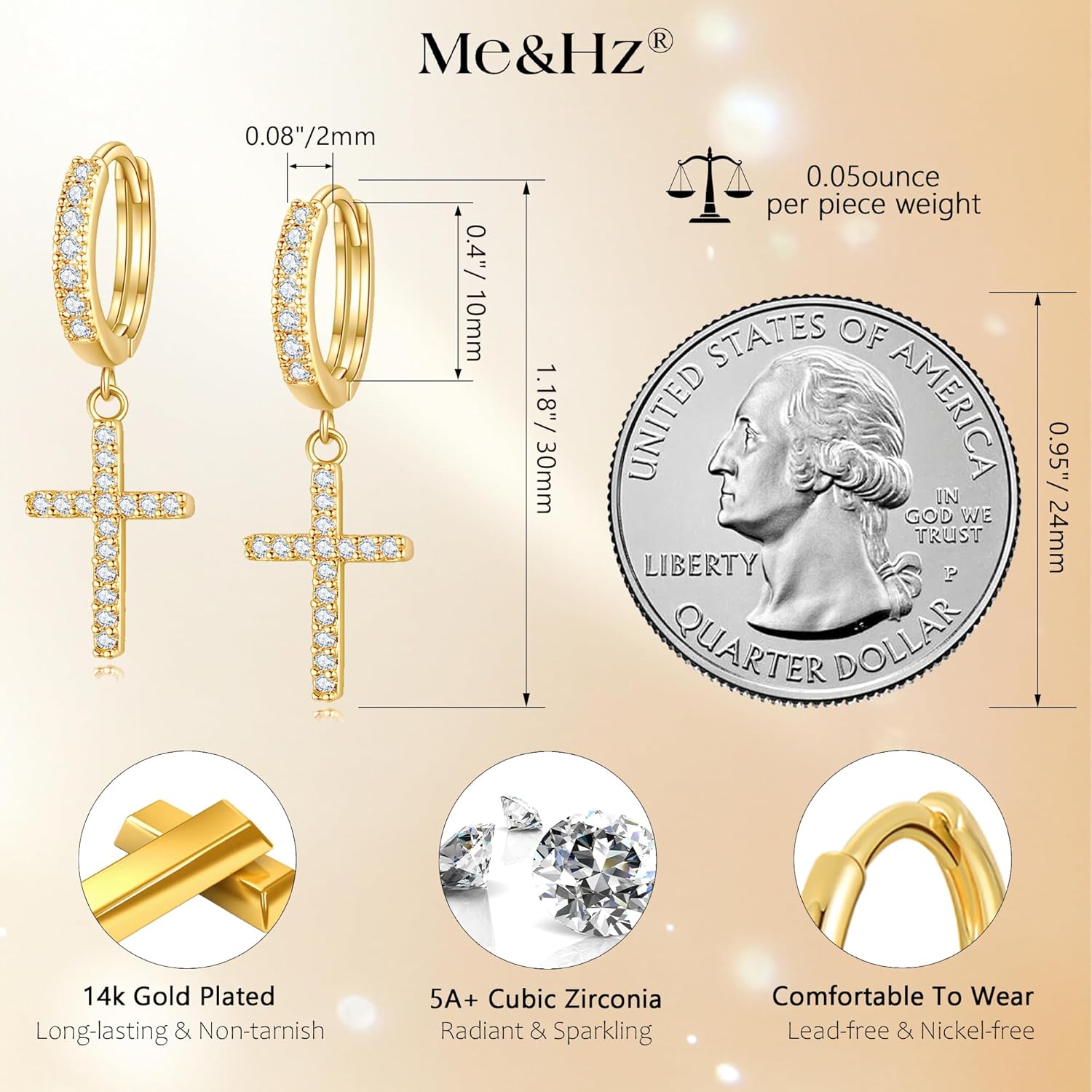 14K Gold Plated Drop Dangle Cross Hoop Earrings Trendy Gold Cross Earrings for Women Small CZ Huggie Hoops Dangling Diamond Cross Earrings for Men Hypoallergenic Lightweight - Image 5