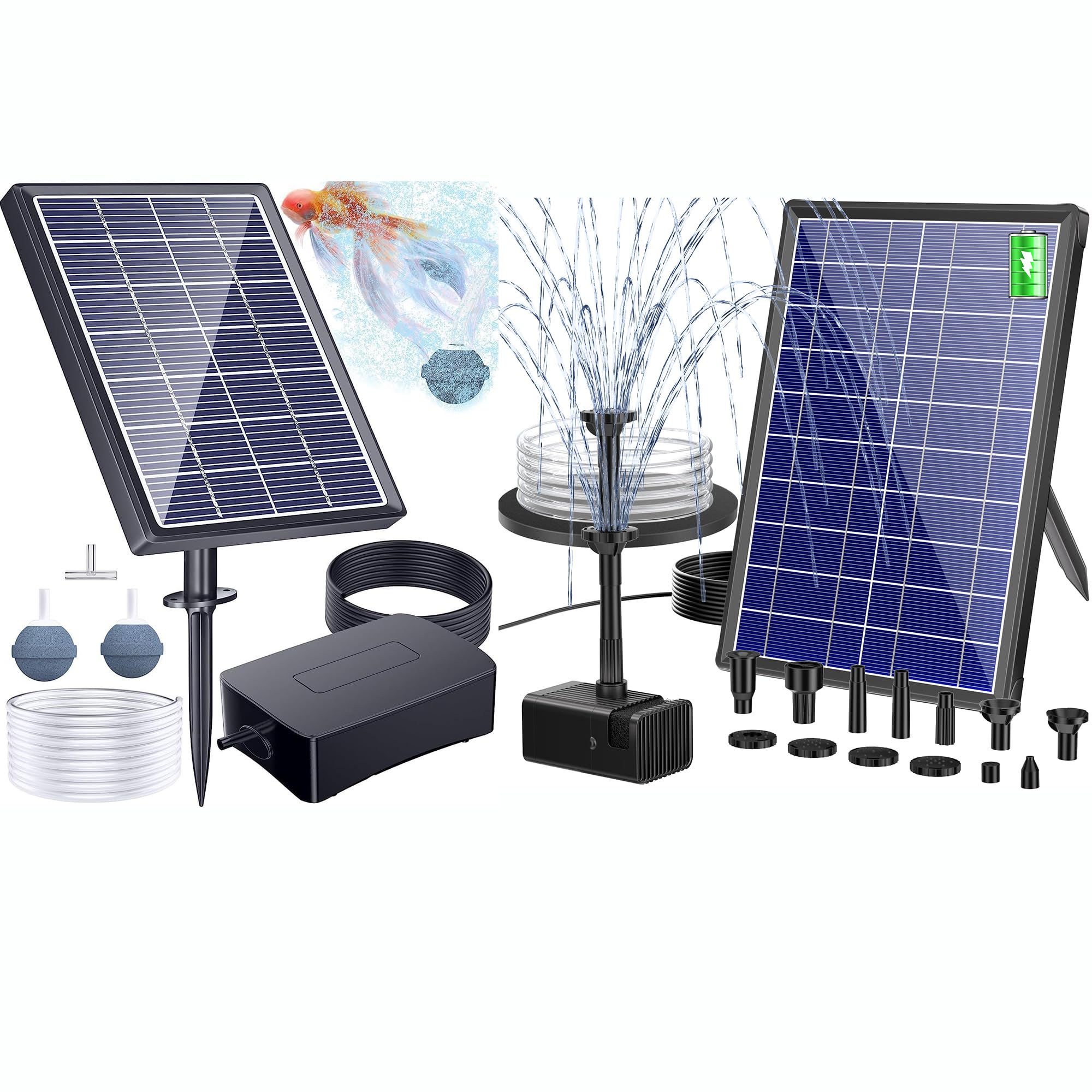 Biling Solarbrunnen mit Akku, 7,5 W Solar-Teichpumpe mit 3600 mAh Batterie Schwimmende Solarpump mit 10 Sprühstilen und Solar Sauerstoffpumpe für Teich Teichbelüfter