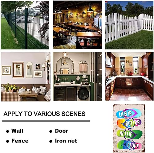 Miniatura 6 de Letreros de metal para decoración de chanclas, letrero de playa con texto en inglés "Life Is Better In Flip-Flop", decoración retro para pared,