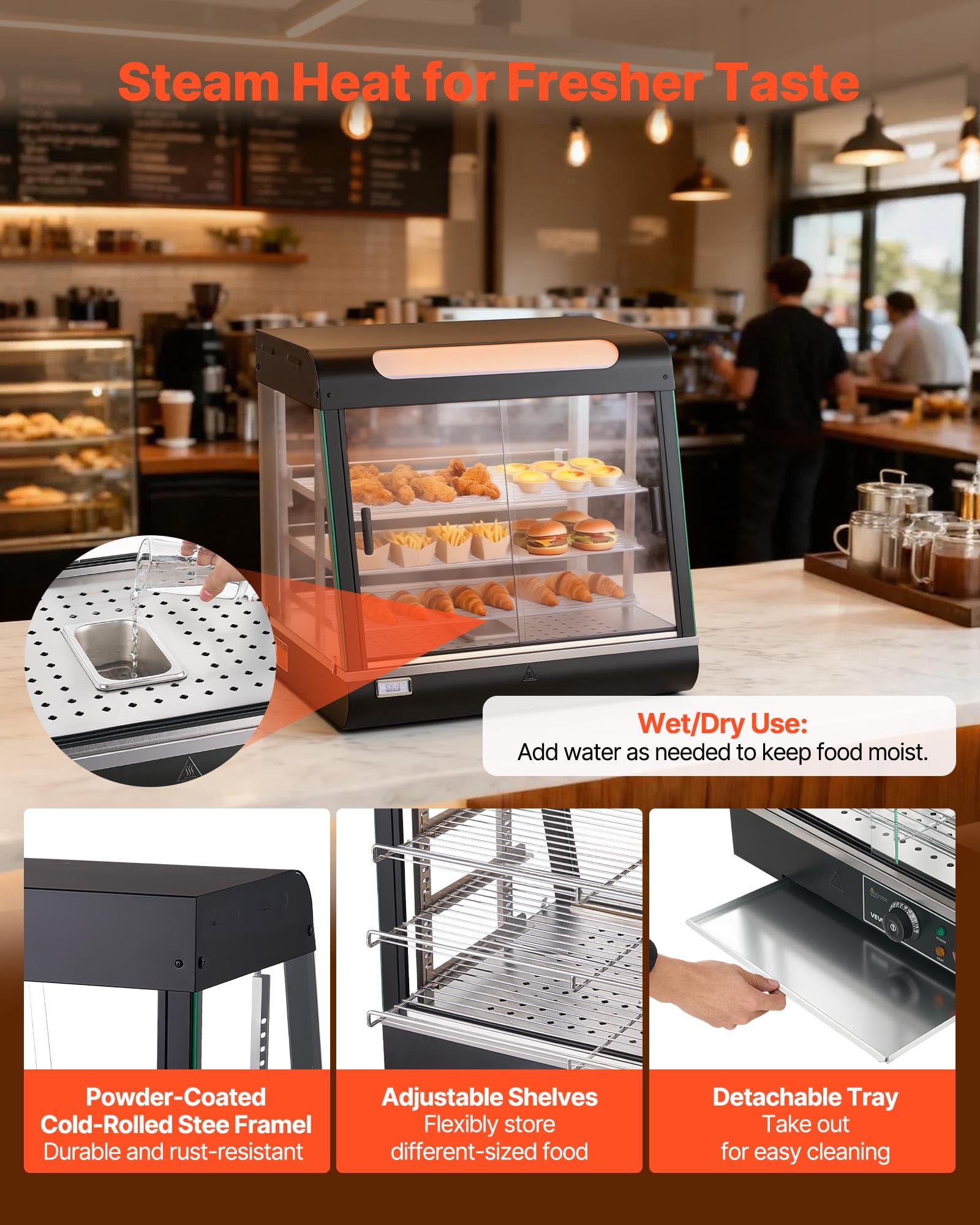VEVOR Vetrina Calda per Alimenti Cibo a 3 Livelli, Espositore Scaldavivande da 1200 W con Luce LED, Vano Portaoggetti Superiore e Ripiani Regolabili, per Hamburger, Pizza, Pane, Pollo Fritto