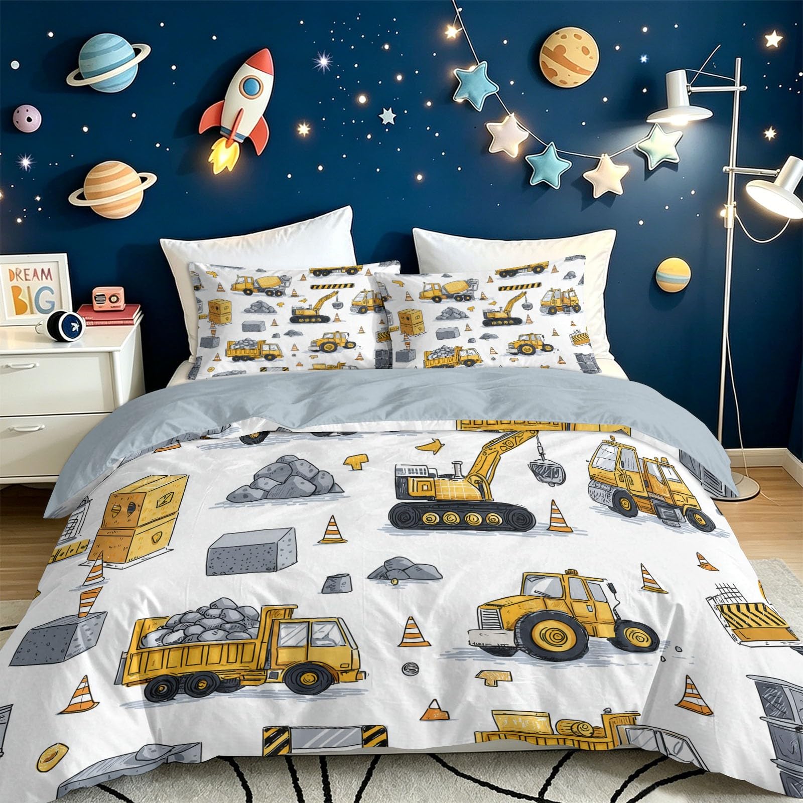 Poszwa na kołdrę dla dzieci 220 x 240 cm Zestaw pościeli dla dorosłych Koparka Inżynieria Kreskówka Akwarela Zestaw pościeli z mikrofibry dla dziewczynek Dzieci, Niebiesko-Jasnoszary Dwustronne