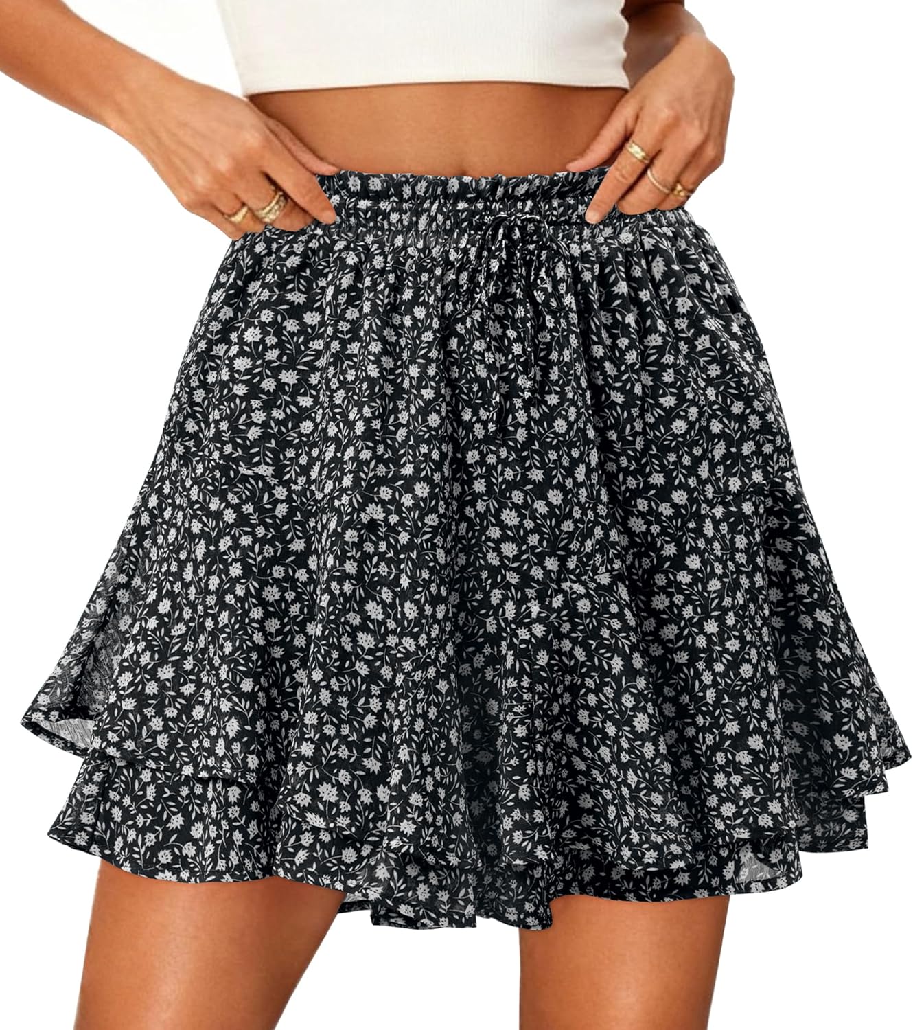Gleeivy Flowy Shorts for Women Summer Skort Casual Floral Mini Skirt High Waisted Ruffle Tiered Boho Chiffon Tennis Running