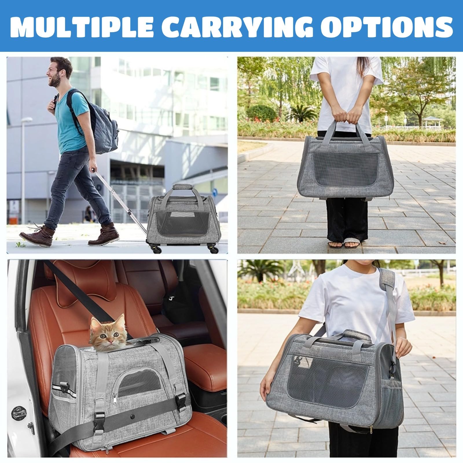 Trasportino per Gatti Cani con Ruote Trasportino per Cani Domestici su Ruote Trasportino da Viaggio per Animali Domestici 2 in 1 Trolley per Gatti con manico e tracolla