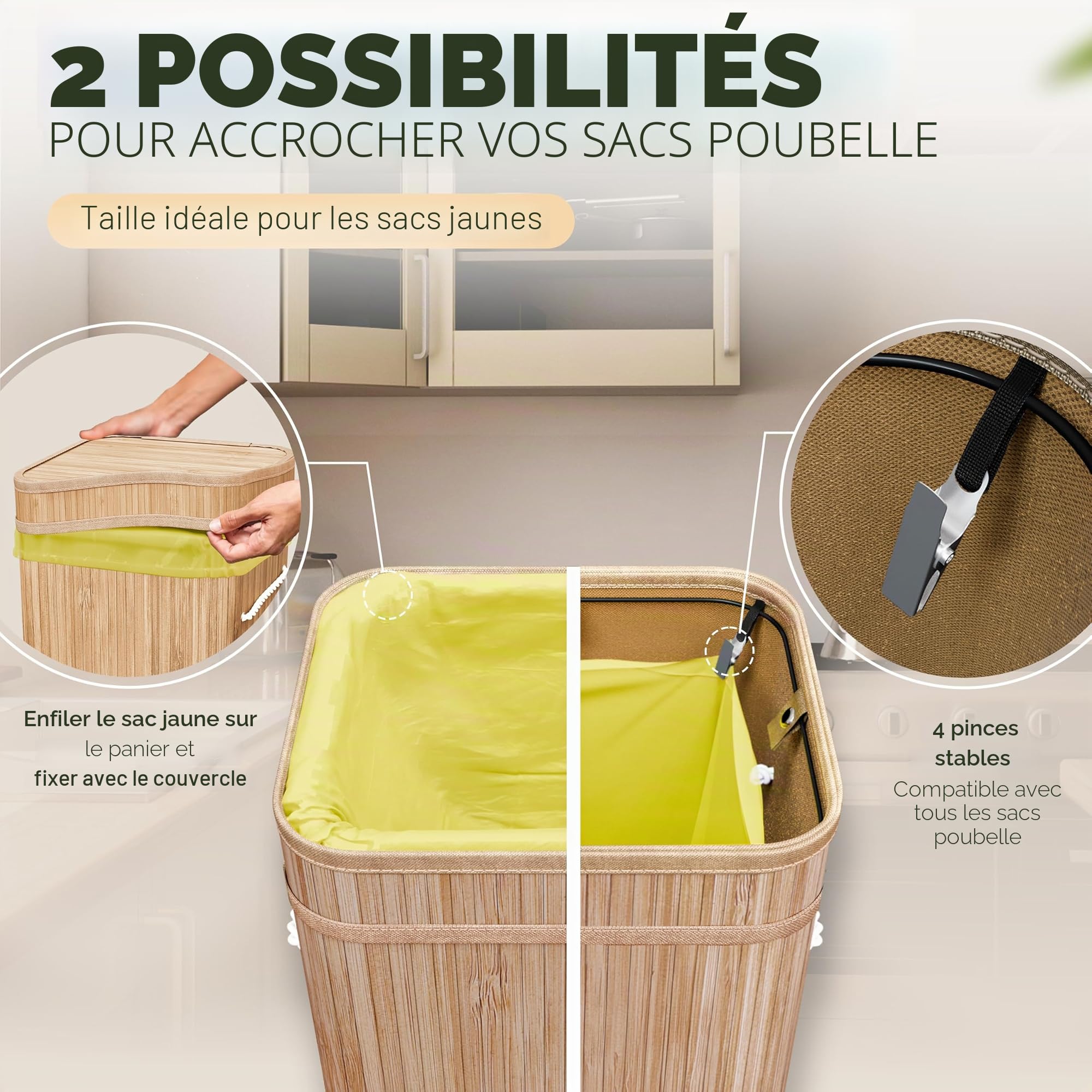 COTTARA Support de sac poubelle jaune avec couvercle - Support pour sacs poubelle en bambou - Avec sac intérieur lavable - Système de déchets de 60 à 120 l - Double maintien renforcé