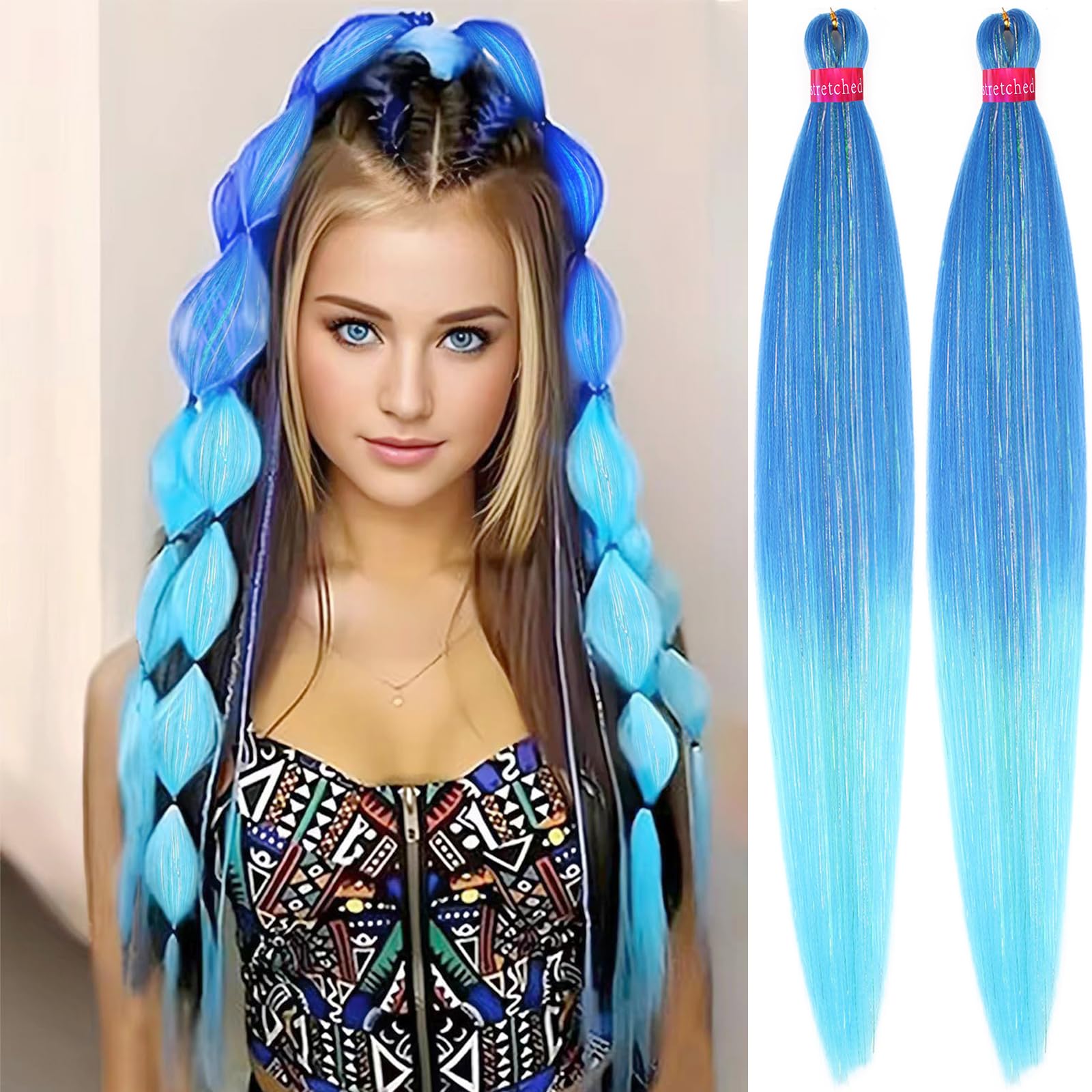 Ombre Blue-Light Blue Pre Stretched Braiding Hair with Tinsel 30 Inch Box Braids 2 Packs Synthetic Crochet Braid Neat Yaki Texture Hot Water Setting