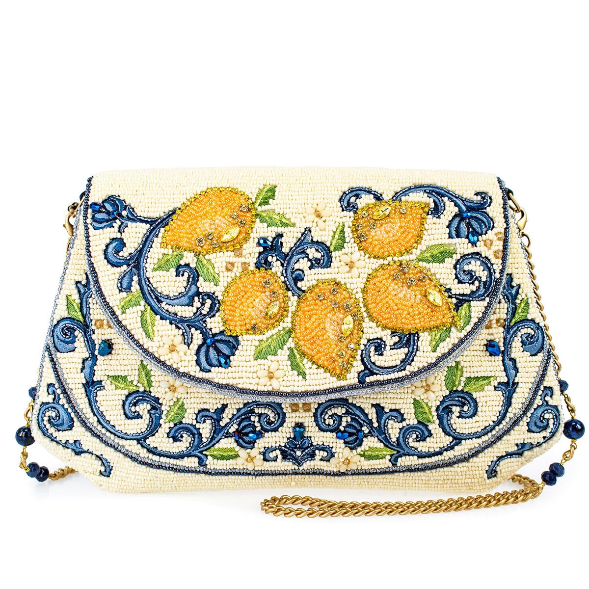Mary Frances Capri Lemons Beaded Crossbody Handbag – Lemon Fruit Embroidered Evening Clutch Purse with Removable Chain Strap, Multicolor