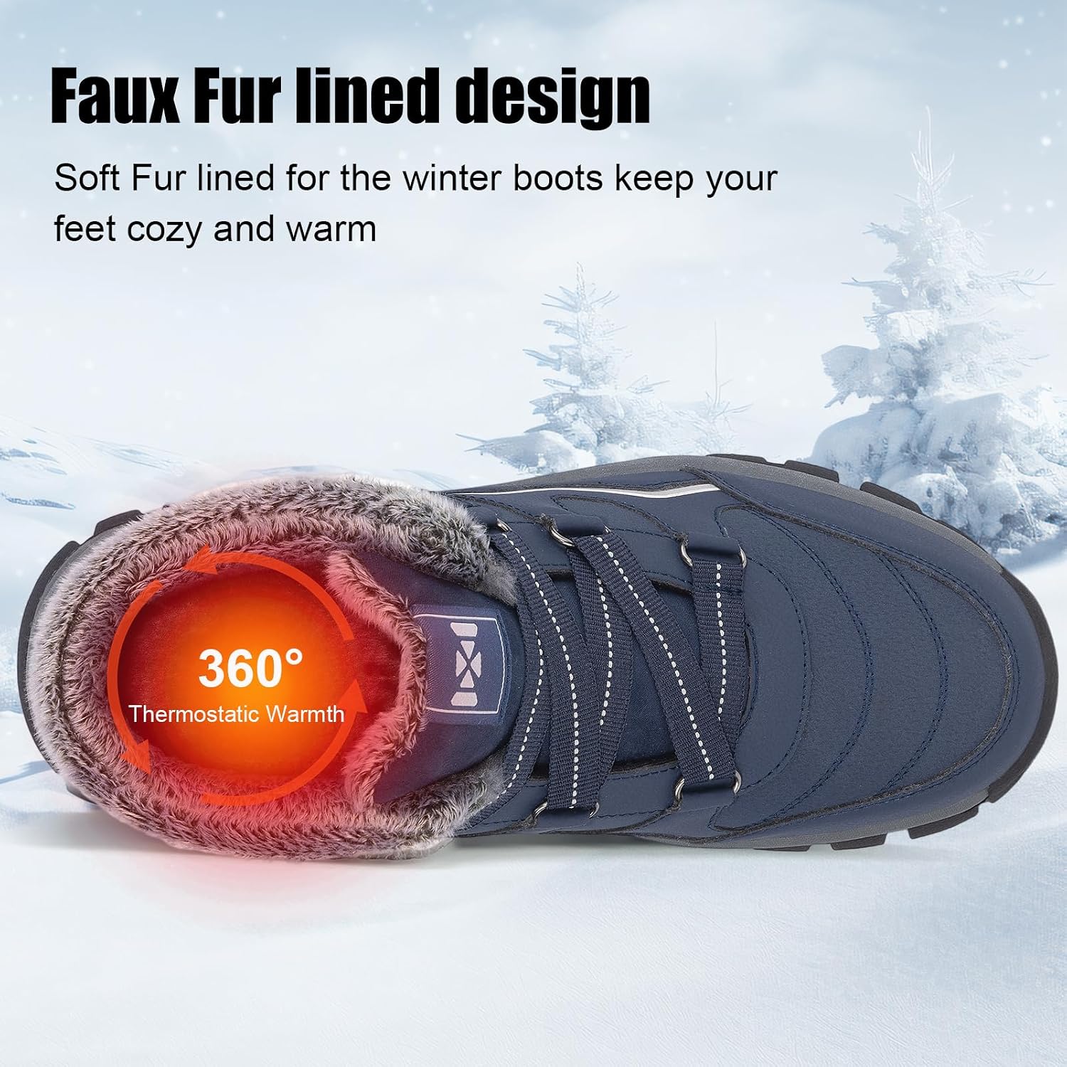 MAIZUN Snow Boots for Men Winter Warm Fur Lined Boots No-Slip Ankle Boots Hiking Outdoor Walking Blue 9.5