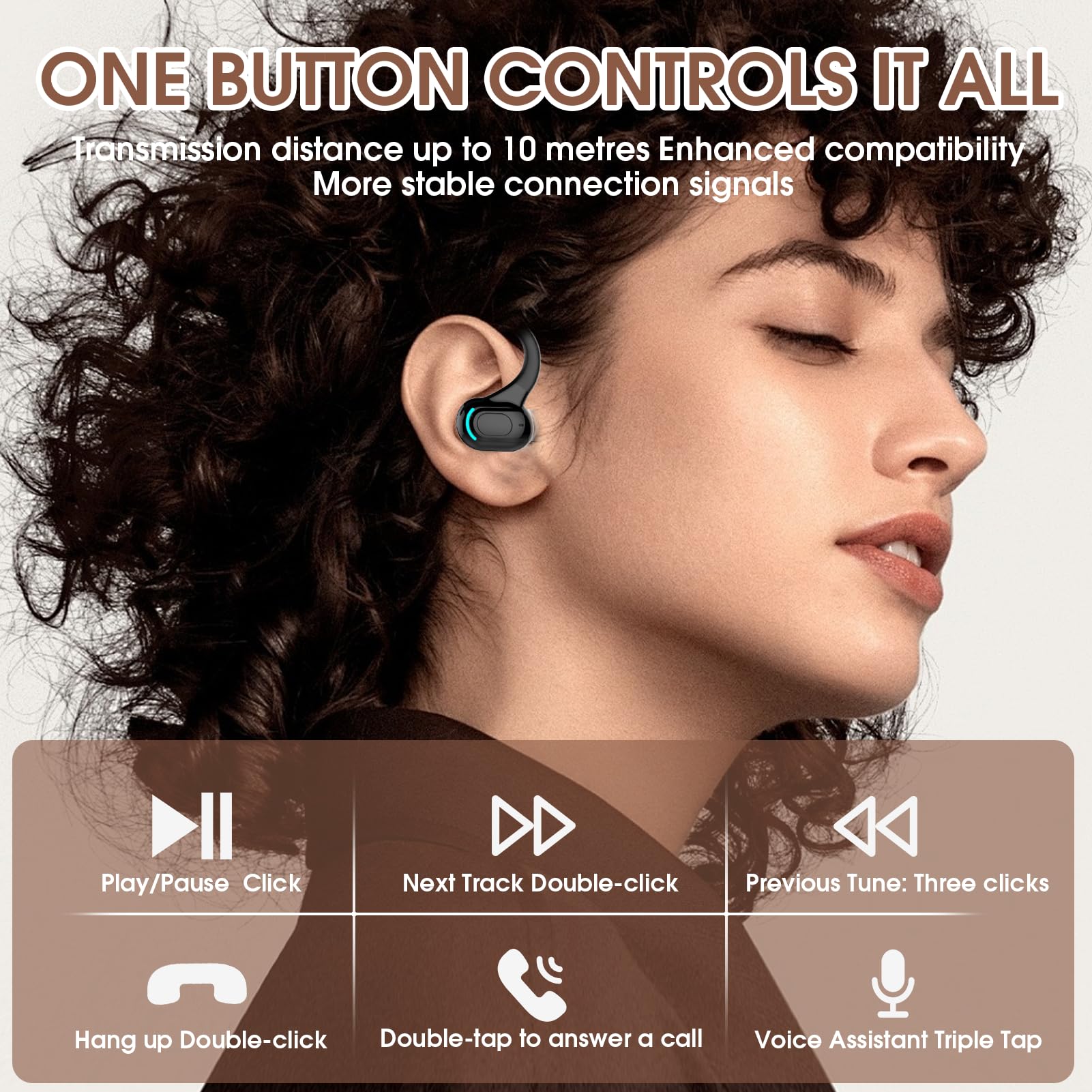 V5.2 Auricolare Mono Bluetooth Senza Fili, Microfono Integrato, IPX4 Auricolari Senza Fili Impermeabili, Bluetooth A Mano Libera 20H di Riproduzione, Auricolari con Anello per iPhone Android