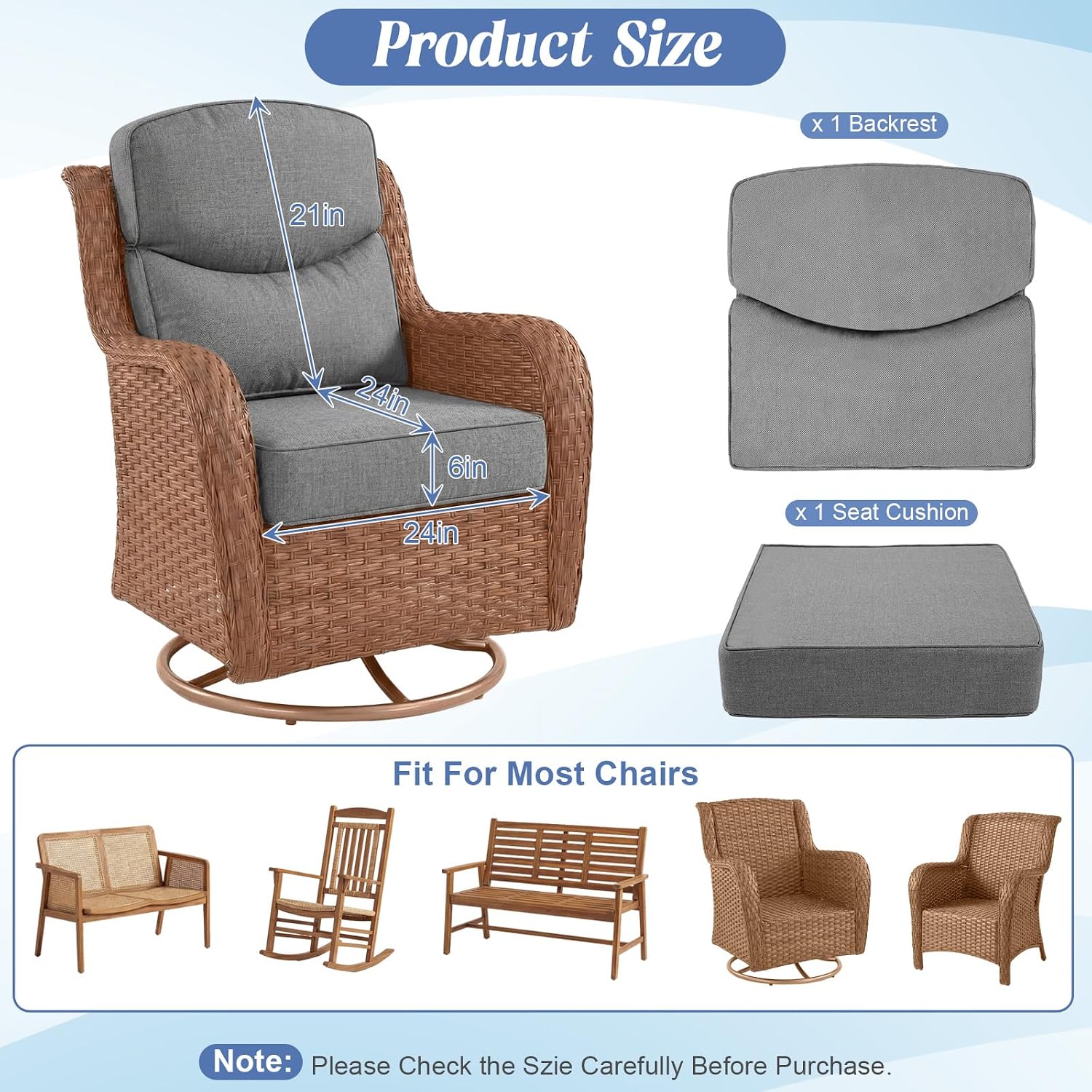 Juexica Luxury Outdoor Chair Cushions 24"x24"x6" 30D High Density Foam Deep Seat Patio Cushions Set with Curved Back Support Waterproof UV Resistant Replacement for Wicker Rattan Furniture