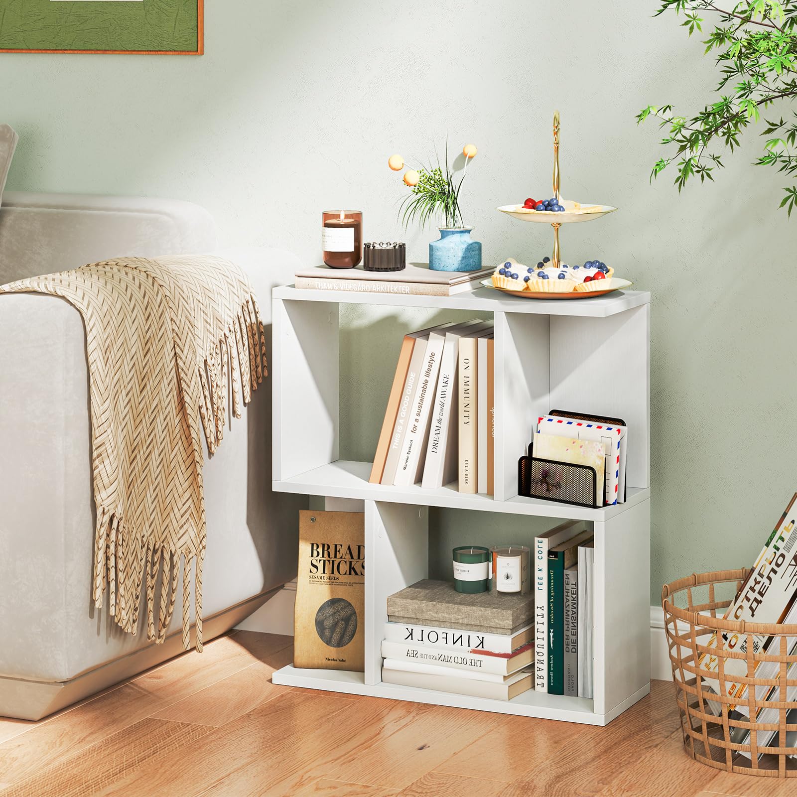 LIFEZEAL Tavolino da Divano, Tavolino Laterale da Salotto, a Forma di S, Bianco, Libreria a 3 Ripiani, Scomparti Aperti, Combinazione Libera, Salvaspazio, Moderno, per Soggiorno, 50x17,5x55,5cm