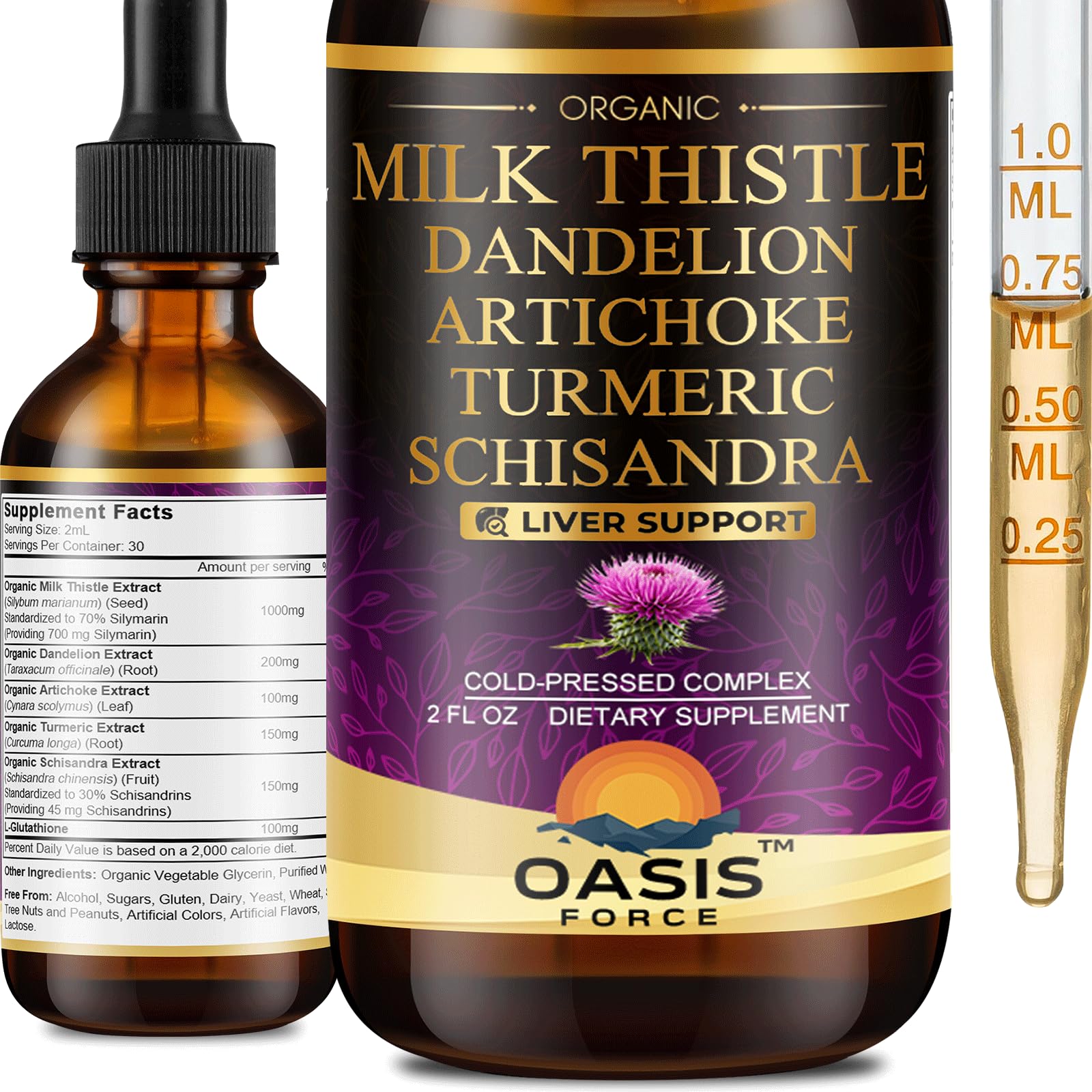 OASIS FORCE Suplemento Líquido de Cardo-Mariano com Silimarina, Dente-de-Leão, Alcachofra, Cúrcuma e Schisandra, 1.000 mg, 60 mL