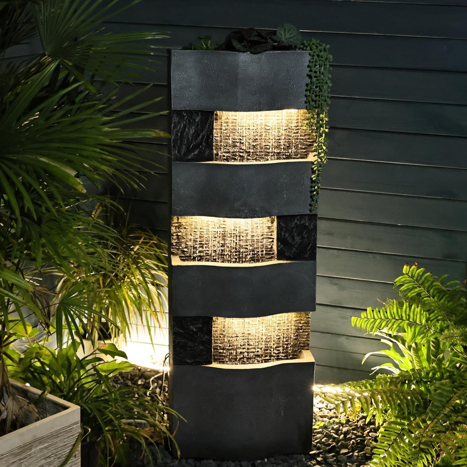 Sunlinua 40.5" H Modern Outdoor Water Fountain with LED Lights – Tall Garden Waterfall Fountain for Patio, Yard, Landscape or Indoor Decor, 4 Tiers Floor Standing Waterfall Outdoor Fountains