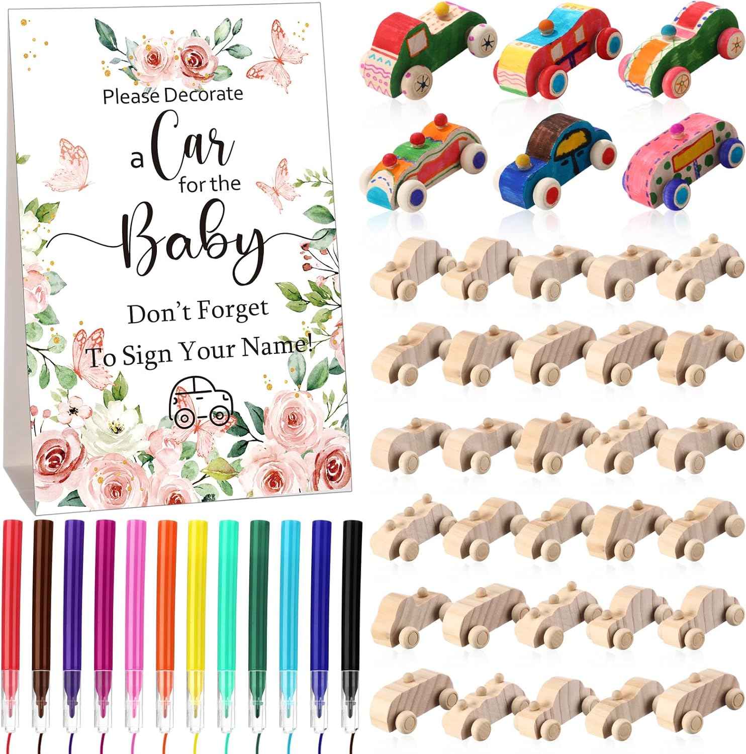 WinnerWhy Baby Shower Game Sign Kit Includes 32 Unfinished Wooden Car Blocks, 12 Markers, and a Prize Decoration Sign for Baby Shower(Boho)