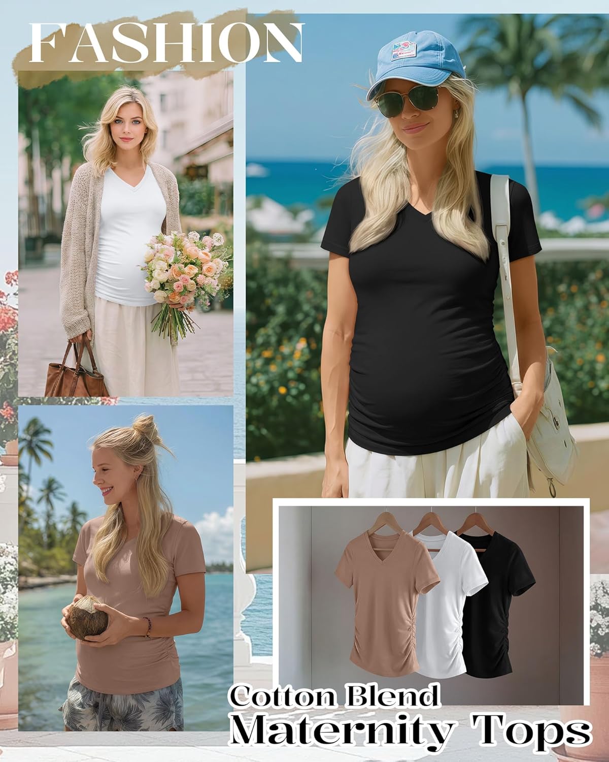 Ficerd 3 Pack Women's Maternity Shirts Short Sleeve Pregnancy Tops Cotton Blend Summer V Neck Mama Tees Blouse