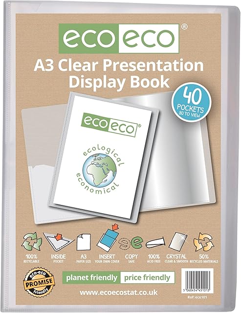 eco-eco A3 Size 50% Recycled 40 Pocket Clear Presentation Display Book, Storage Case Portfolio Art Folder with Plastic Sleeves, eco101