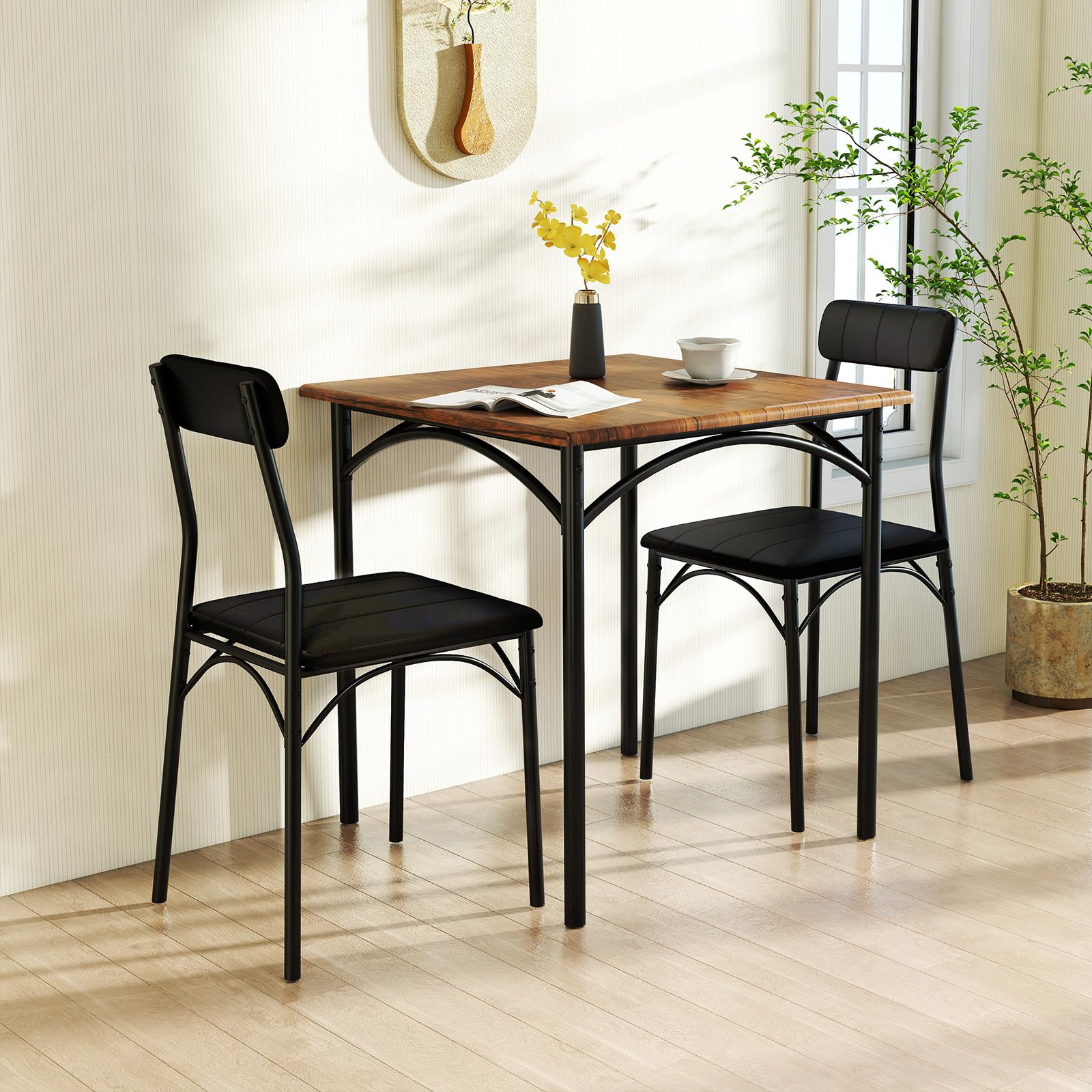 GIANTEX Juego de Comedor 3 Piezas, Mesa de Comedor Cuadrada y 2 Sillas Acolchadas, Marco Metálico, para 2 Personas, Conjunto de Mesa y Sillas Compacto para Cocina, Bar, Cafetería