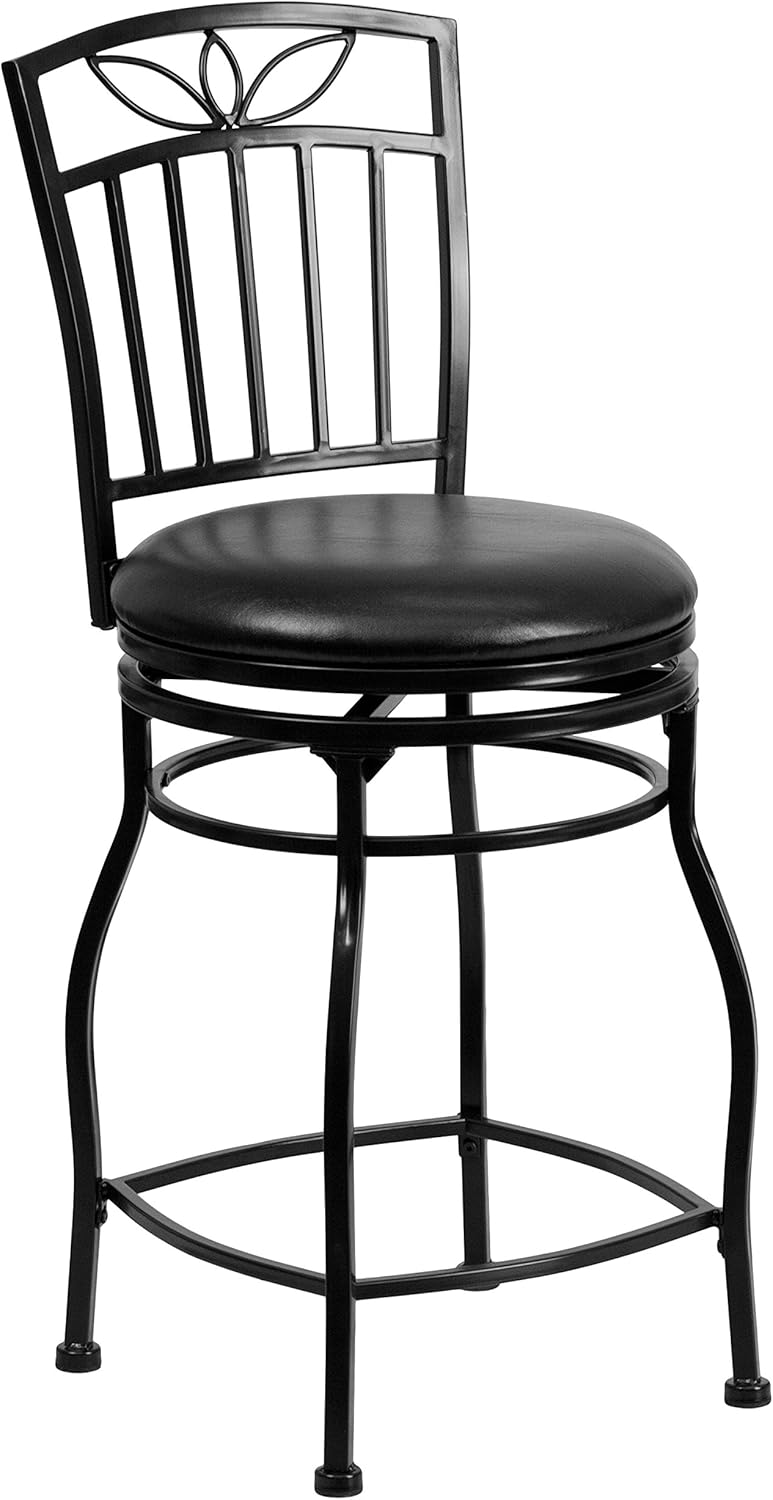 24'' Black Metal Counter Height Stool With Leather Swivel