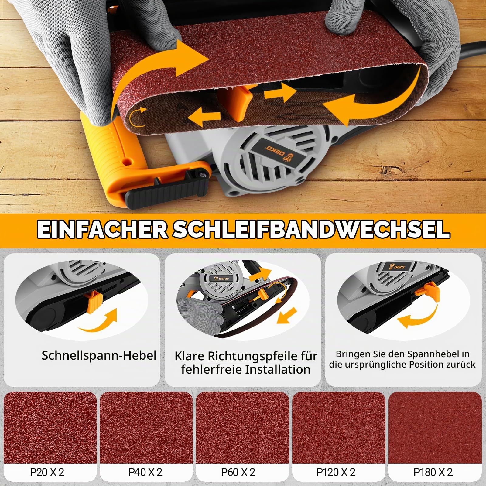 DEKOPRO 1010W Bandschleifer mit verstellbarer Geschwindigkeit 120-400m/min, Schleifmaschine für Holz mit verstellbarem Vordergriff Abdeckung, inkl. 10 Schleifbändern, Staubbeutel & 2 Metall-C-Klemmen