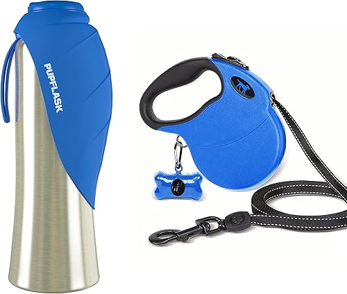Tuff Pupper Correa retráctil para perros y botella de agua portátil Pupflask de 40 oz - Azul