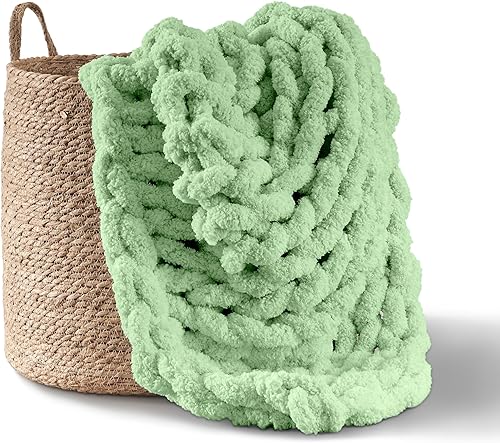 Adyrescia Manta de punto grueso  100% tejida a mano con hilo de felpilla jumbo (50 x 60 pulgadas, verde salvia)