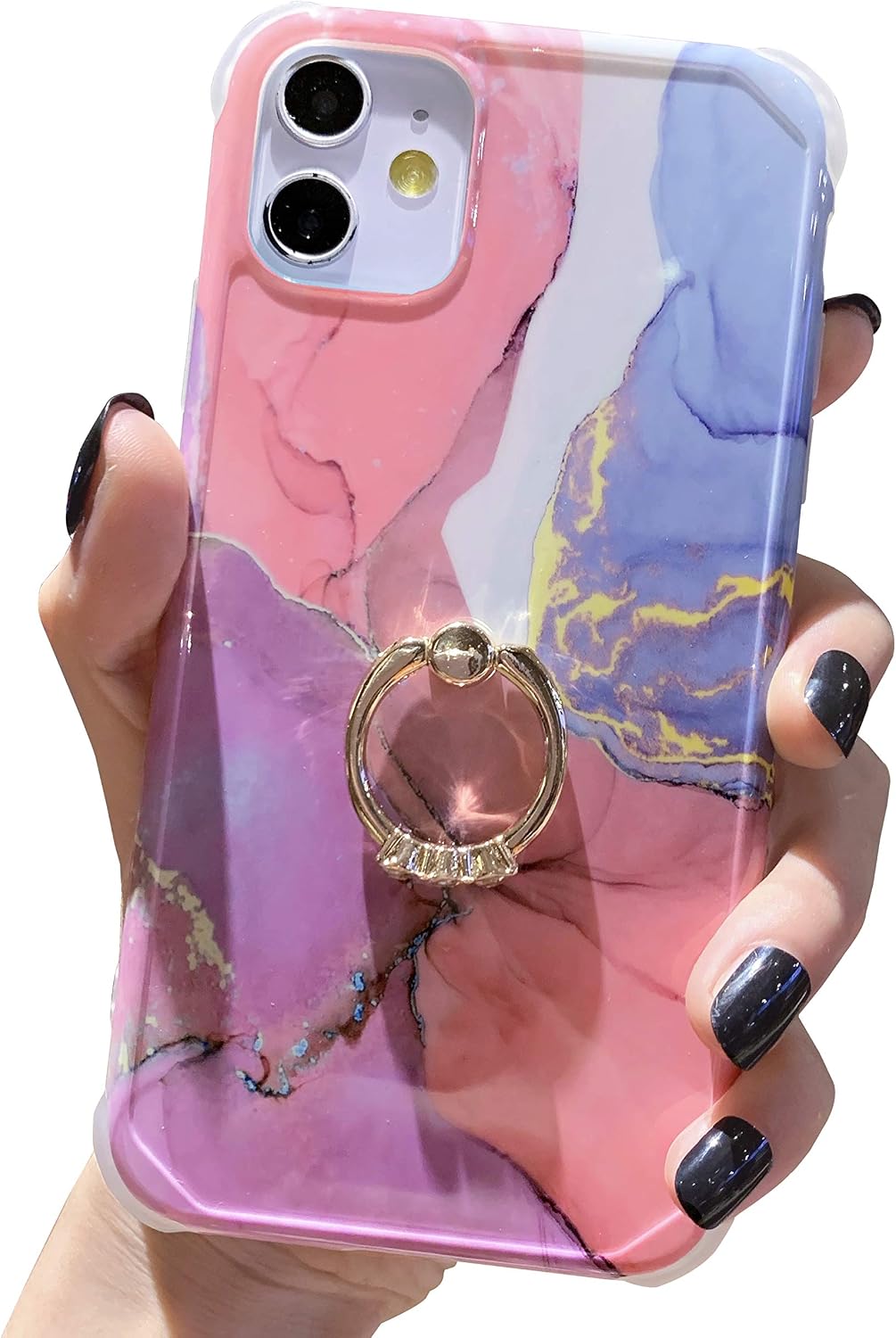 Marble iPhone 11 Case, Anynve Compatible with iPhone 11 Case Reinforced Raised Corners [Soft TPU Bumper & Shockproof Hard Back] with 360 Degree Rotary Ring Kickstand Holder Case [6.1 inch] -Gold Pink