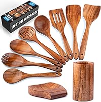 Vista 19 de Zulay Kitchen Juego de 6 cucharas de madera para cocinar, juego de utensilios de madera de teca natural, fácil de limpiar, duradero, suave