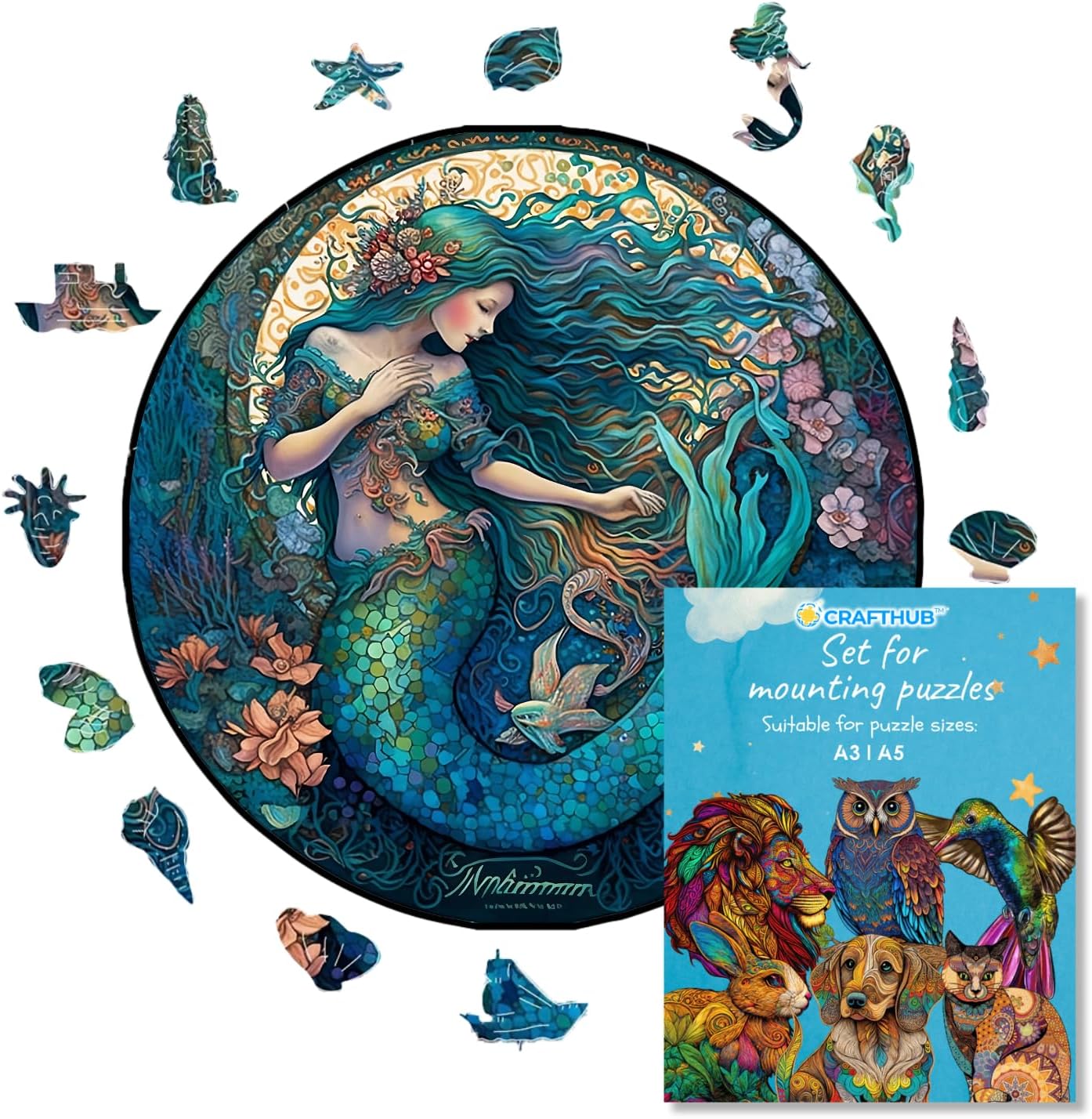 CRAFTHUB Mermaid Wooden Jigsaw Puzzle and Mounting Kit for