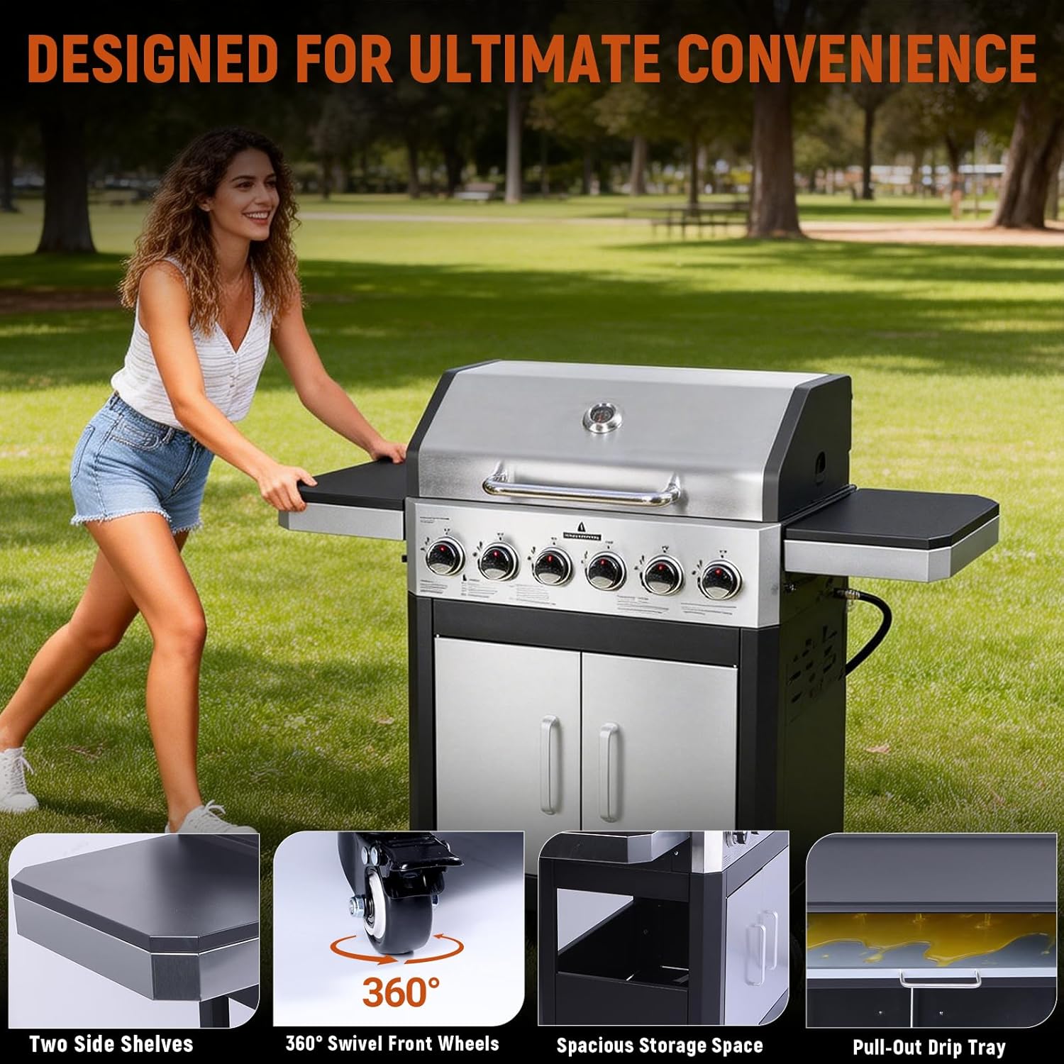 Redlife 6 Burner Propane Gas Grill, 60,000 BTU Outdoor BBQ Grill with Cast Iron Cooking Grates, Stainless Steel Warming Rack, Built-in Thermometer, Electronic Ignition, Side Shelves, Storage Cabinet