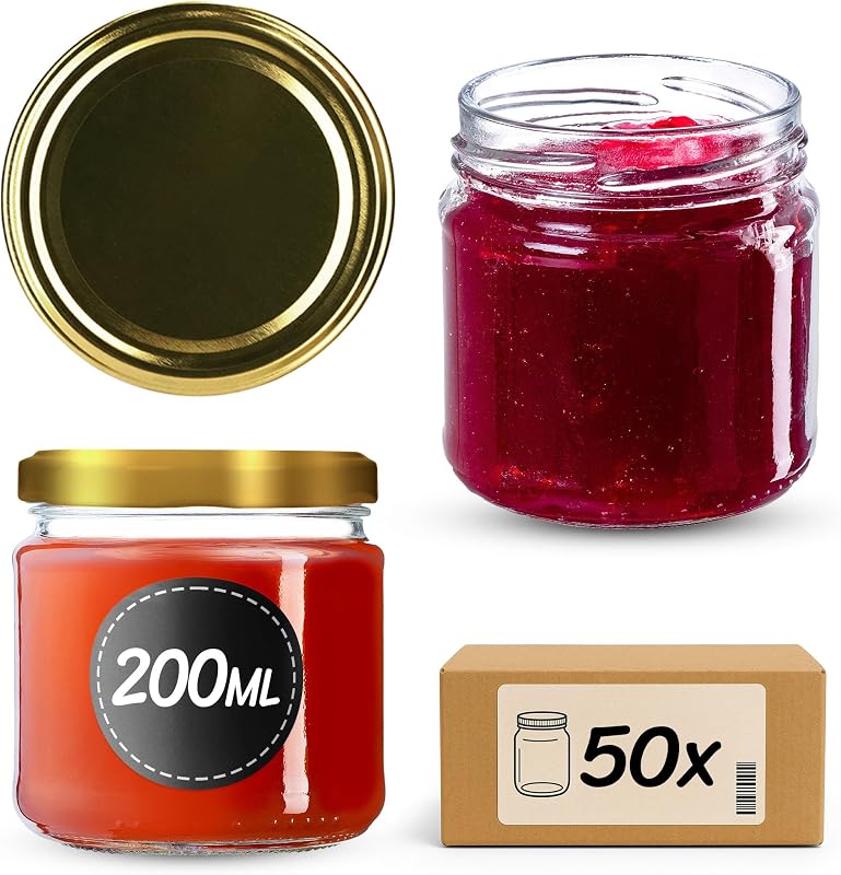 KADAX Set of 50 200 ml with screw lids Ø 66 mm – dessert jars with thick walls, airtight and dishwasher-safe, ideal for jams and preserves