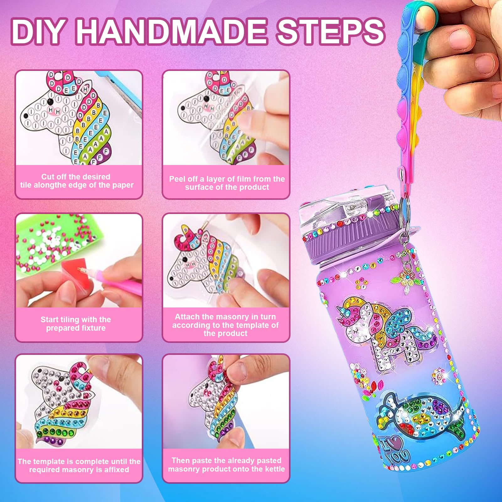 Borraccia Unicorno DIY SaiXuan 600ml - Kit Creativo Con Adesivi Diamante, Regalo Per Bambine 5-10 Anni - Foto 2