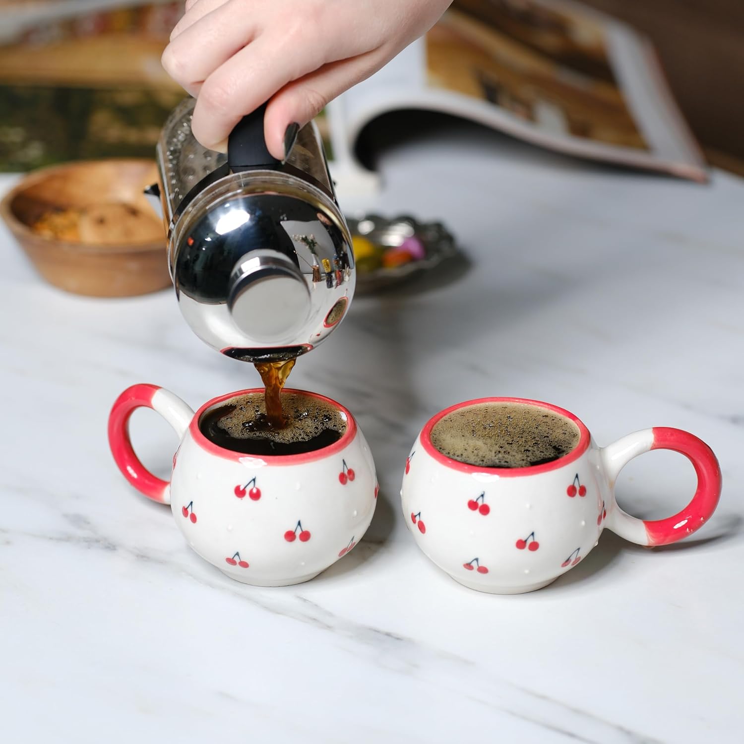 Ceramic Espresso Cups Cherry Patterned | Demitasse Coffee Mug Set of 2 | Cute Small Tea Cups | 5.5 oz | Cappuccino Cortado Cups - Image 5