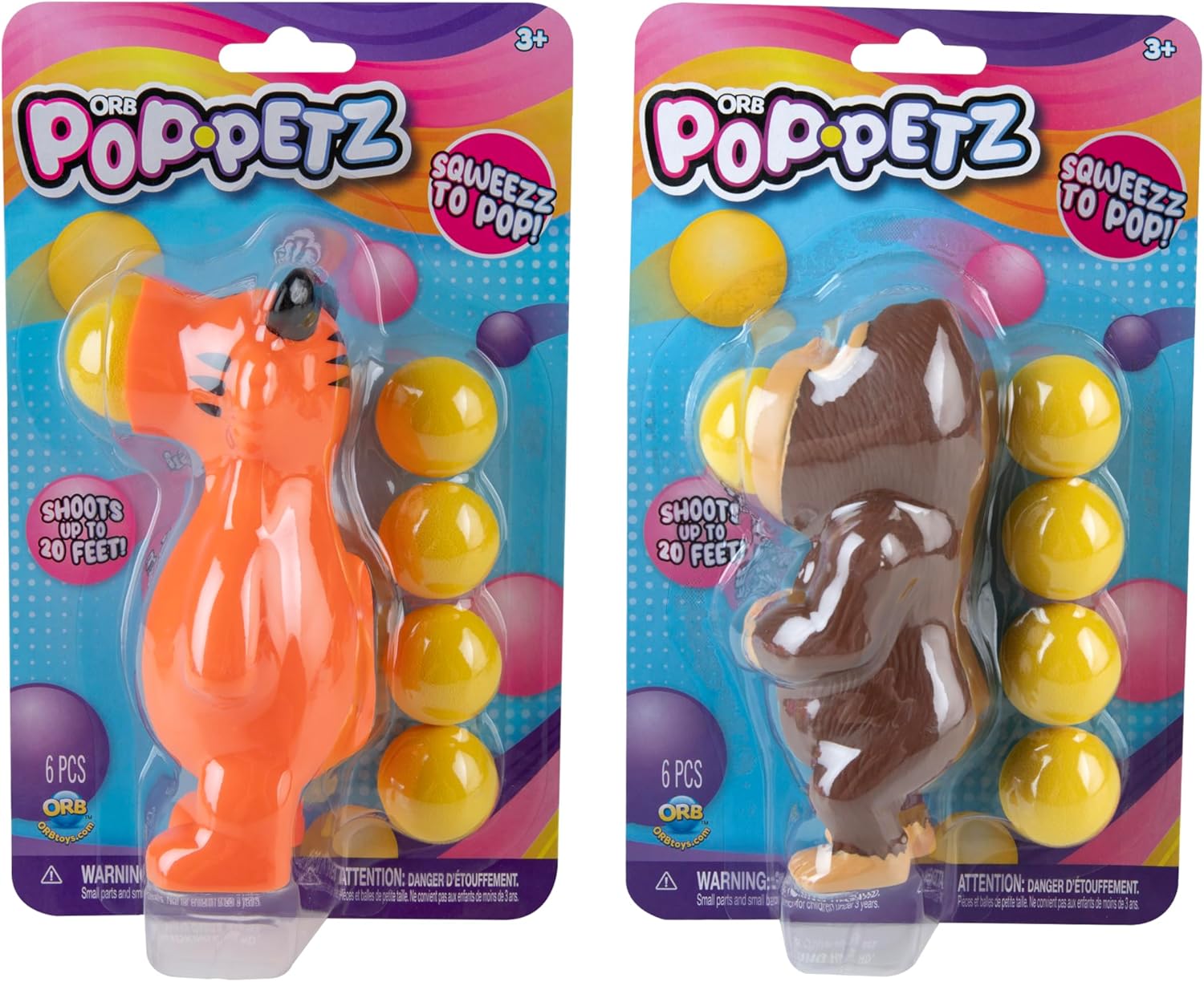 ORB Curiosities Pop-Petz Ultra Zoo 2 Pack - Gorilla and Tiger Squeeze & Launch Ball Popper Toys w/ 5 Foam Balls Each - Ball Shooting, Stress Relieving, Squishy Sensory Animal Toys for Kids