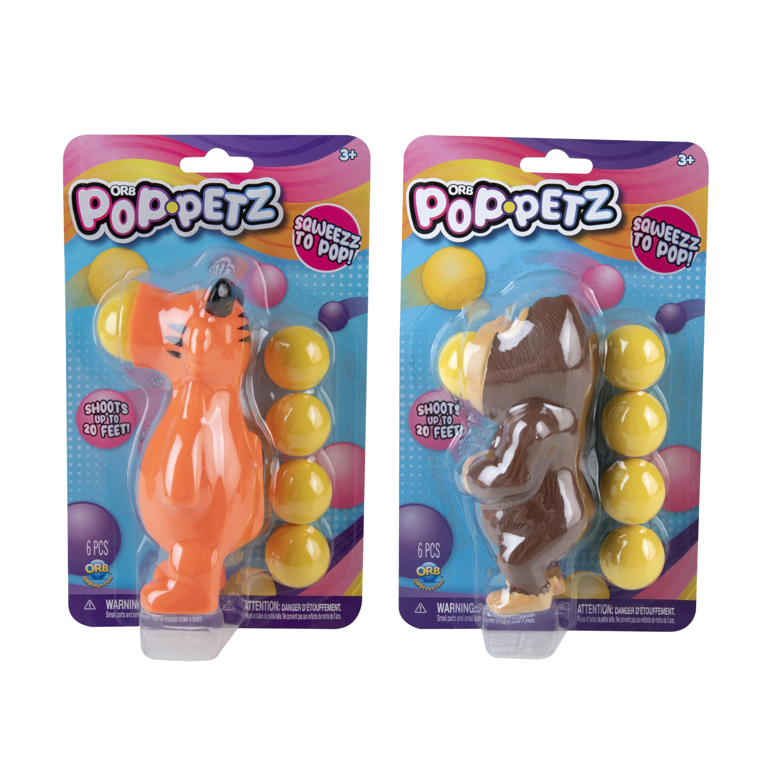 ORB Curiosities Pop-Petz Ultra Zoo 2 Pack - Gorilla and Tiger Squeeze & Launch Ball Popper Toys w/ 5 Foam Balls Each - Ball Shooting, Stress Relieving, Squishy Sensory Animal Toys for Kids