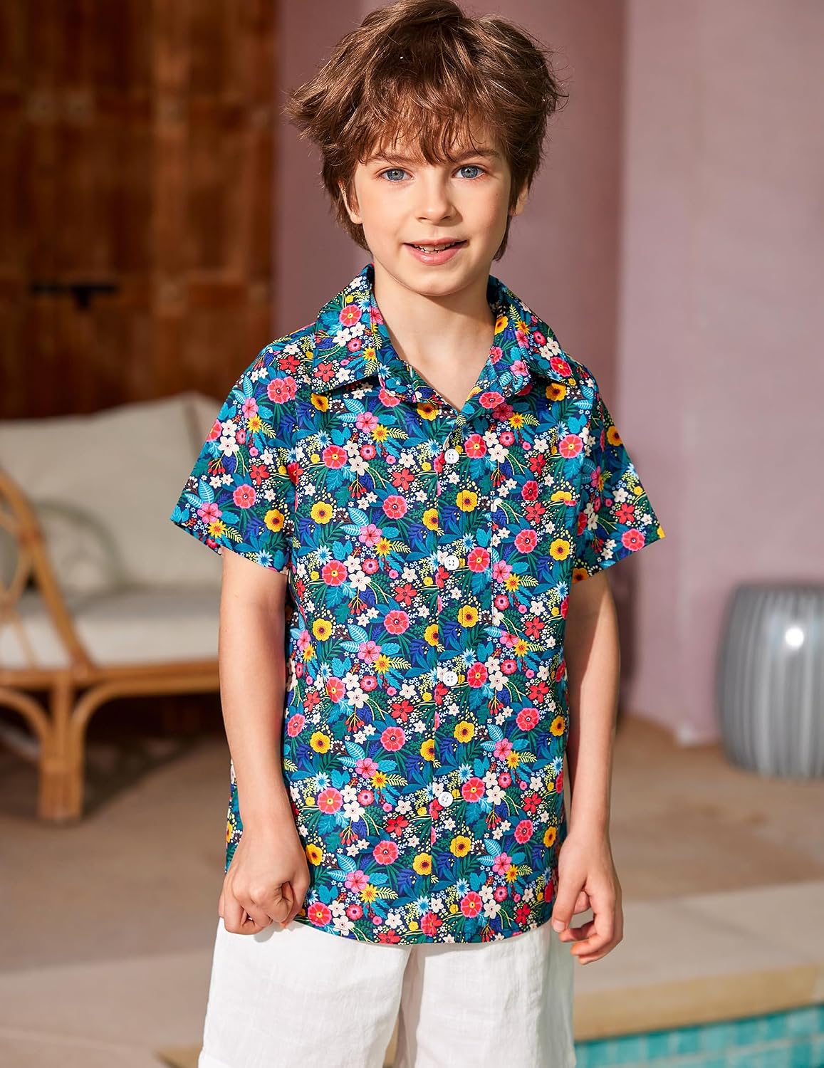 Arshiner Boy's Hawaiian Shirt Summer Tropical Button Down Shirt Short Sleeve Beach Shirt for Kids 100% Cotton Size 4-14 Years