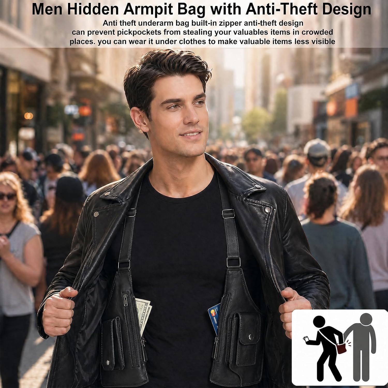 Double-Shoulder-Armpit-Bag for Men, Anti-Theft-Underarm-Hidden-Bag and Adjustable Hands-Free Armpit Holster with Multiple Pockets for Travel, Hiking, Cycling and Daily Commute, Black
