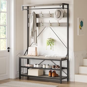 Coat Rack Shoe Bench for Entryway Hall Tree Shoe Rack Large 3-Tier Storage Shelf and Hooks Removable Industrial Accent Furniture Metal Frame