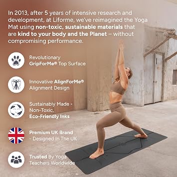 Liforme Original Yoga Mat Free Yoga Bag Included - Patented Alignment System, Warrior-like Grip, Non-slip, Eco-friendly, sweat-resistant, long, wide, 4.2mm thick mat for comfort