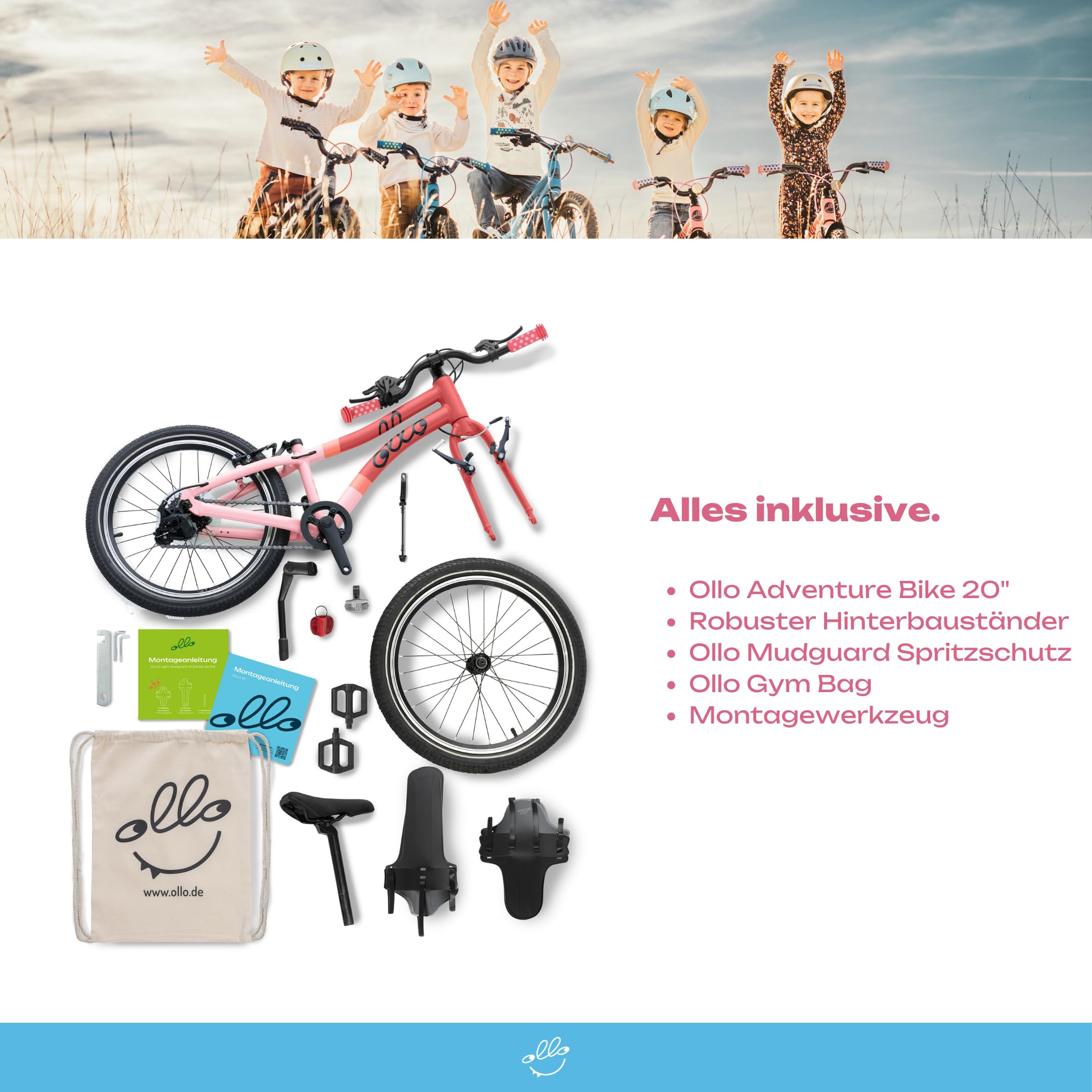Ollo Adventure Bike 20 Zoll Kinderfahrrad ab 6 Jahren - leichtes Kinder Fahrrad für 120-135 cm Körpergröße mit Aluminiumrahmen, 8-Gang-Schaltung, Bremsen, Schutzblechen, Ständer & Gym Bag