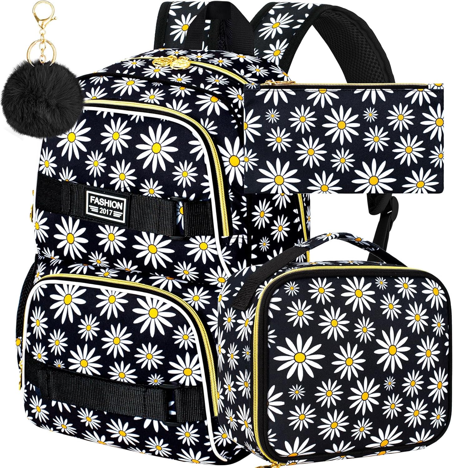 AGSDON 3PCS Backpacks for Girls, 17" Laptop School Bookbag Teen College Water Resistant Girl Backpack with Lunch Box Set - Black