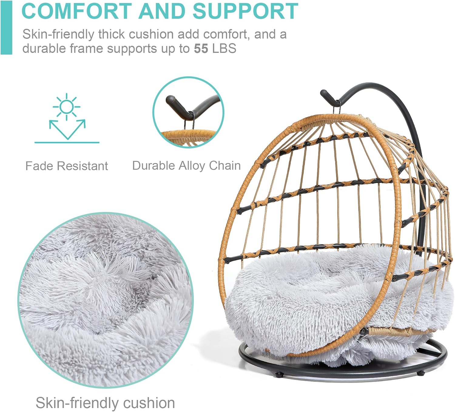 SWITTE Cat Hammock Chair Bed - Removable & Washable Cushion, Hanging Rattan Swing for Indoor Outdoor Cats & Small Dogs, Adjustable Pet Swinging Hammock with 3 Modes - Light Grey