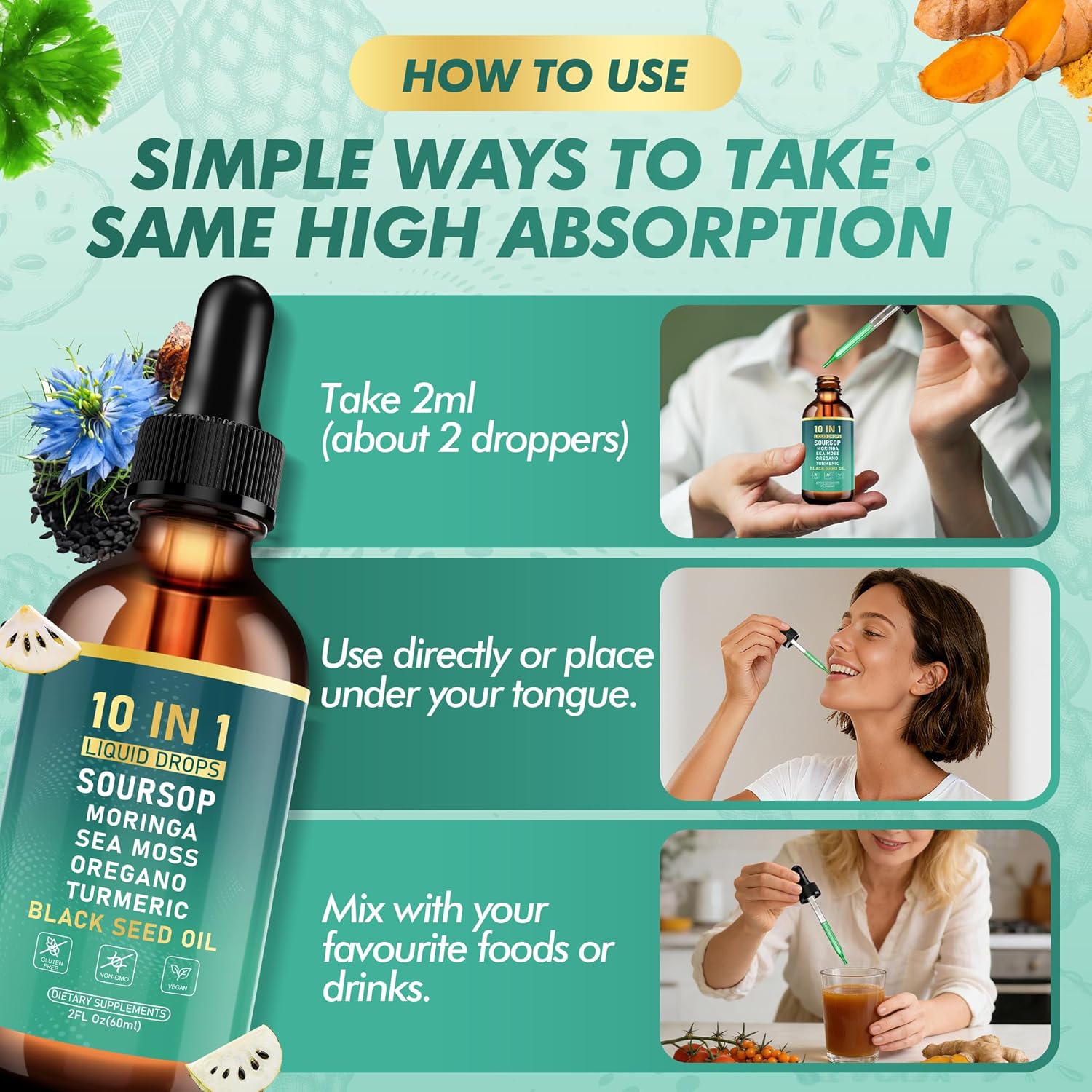Soursop Bitters Liquid Drops, Bitter Herbs with Soursop Extract, Ashwagandha, Sea Moss & Black Seed Oil, Formulated for Immune Wellness, Antioxidant Support & Healthy Digestion, 2 FL Oz